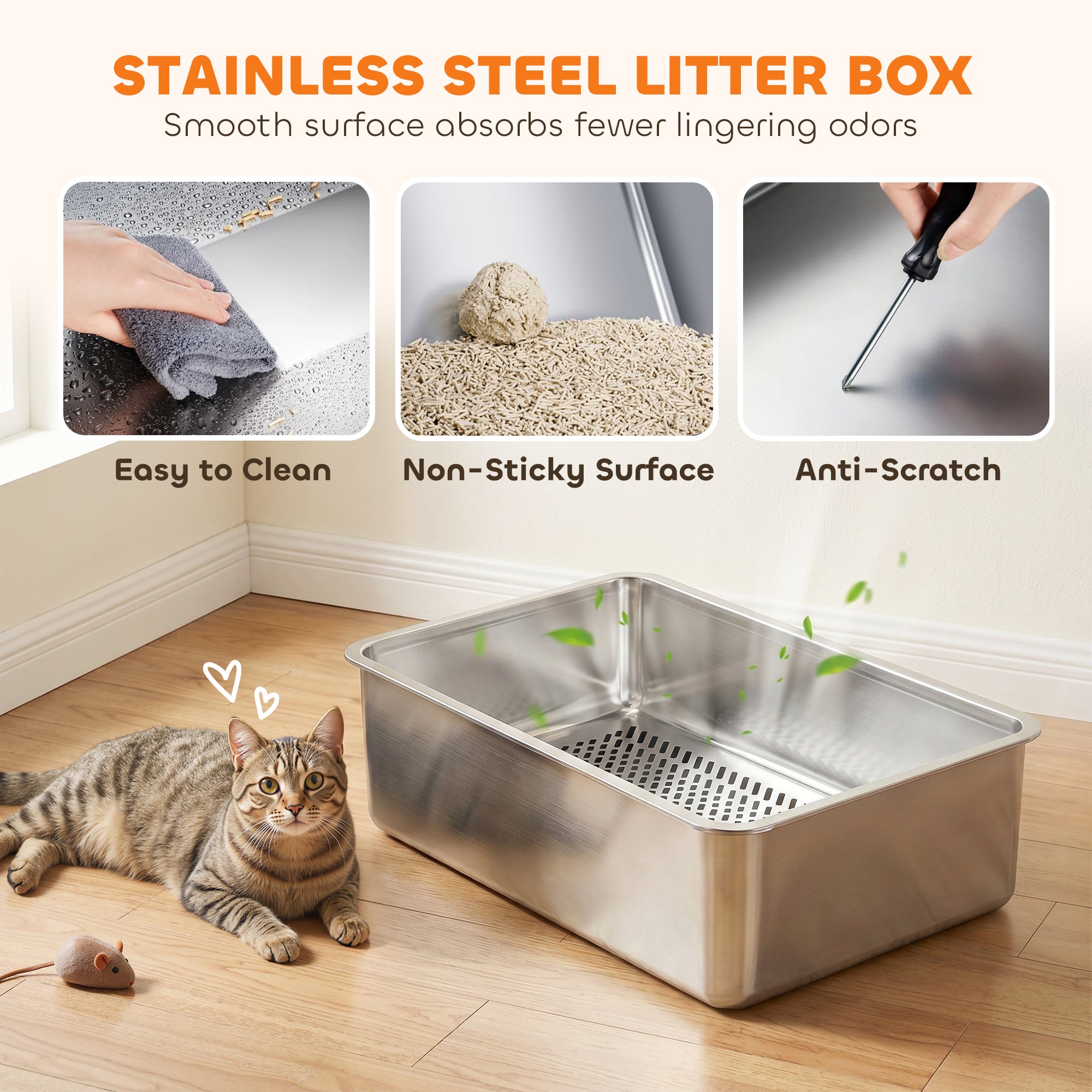 Stainless Steel Sifting Litter Box for Pine Pellet, High Sided, Anti-Leakage, Less Tracking, Includes Scoop & 10 Pads
