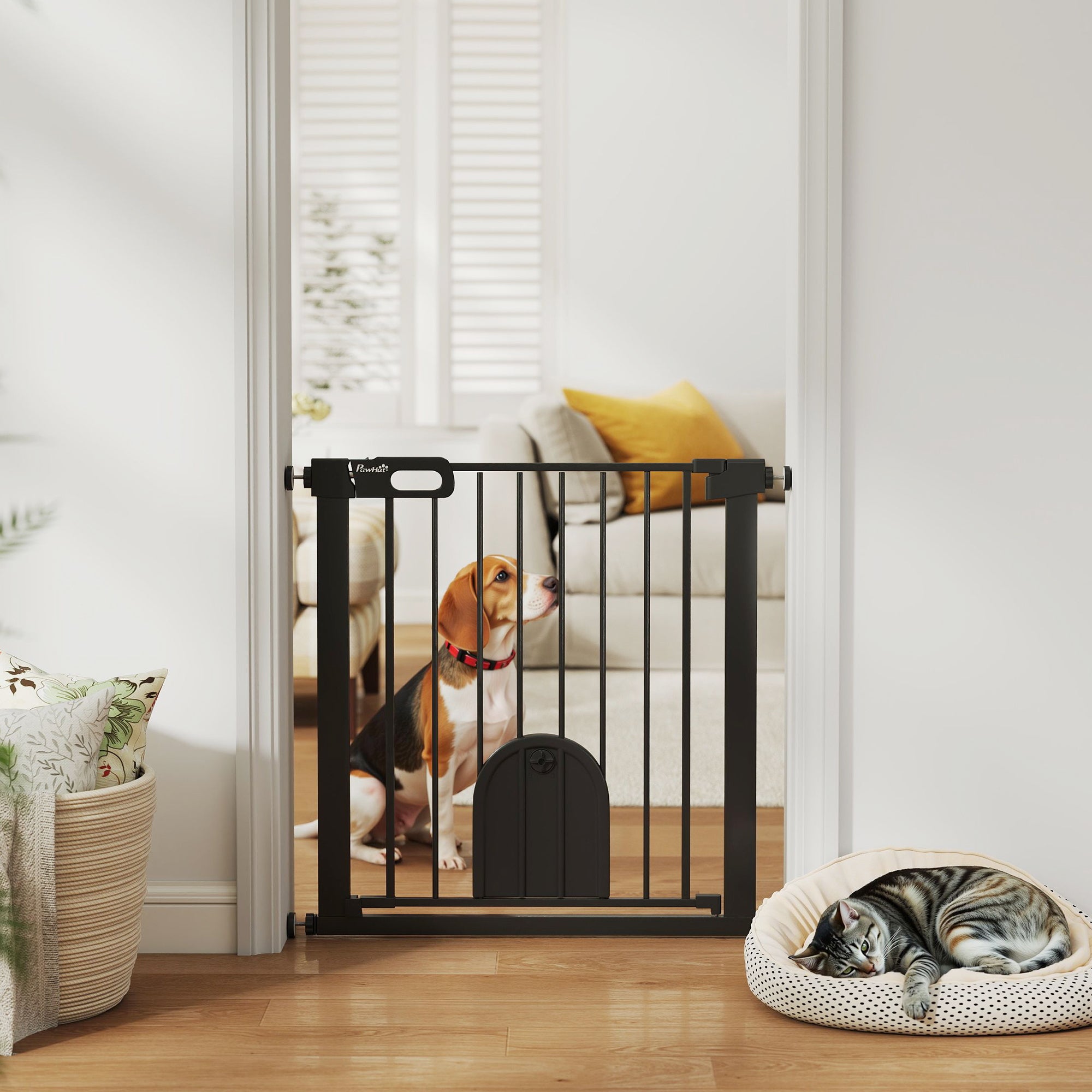 30"-32" Extra Wide Pet Gate Barrier with Small Door, 30"H Dog Gate with Safety Gate Barrier, Stair Pressure Fit, Black