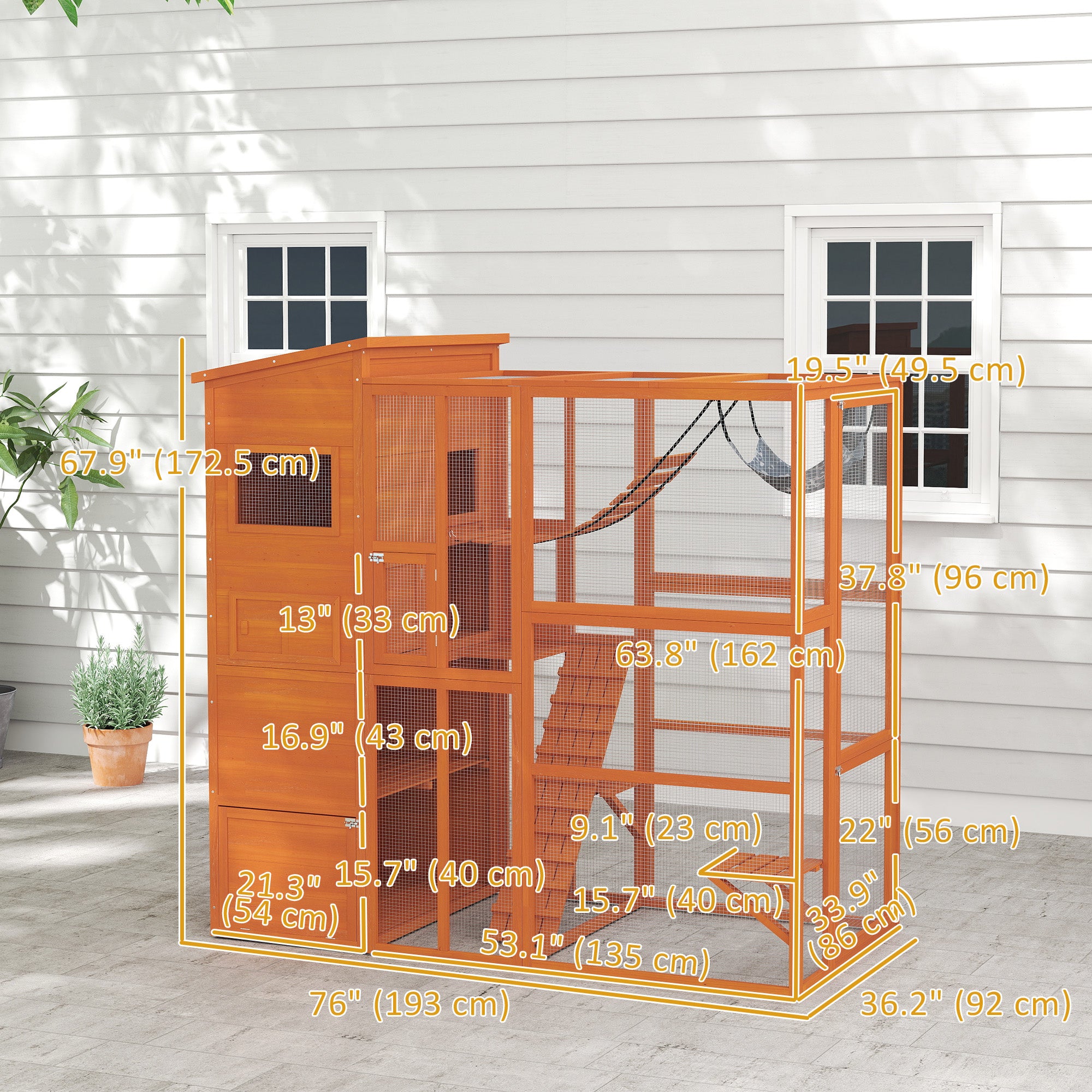 76" Catio Outdoor Cat Enclosure with Cat Condo, Jumping Platforms, Ladder, Ramps, Hammock for 2-3 Indoor Cats, Orange