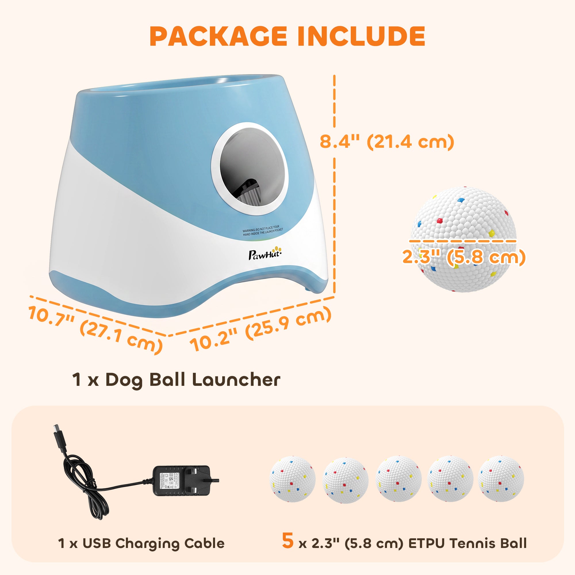 Automatic Dog Ball Launcher with 5 ETPU Balls 2.3", 3 Distance Settings 20ft, 33ft, 46ft, Blue