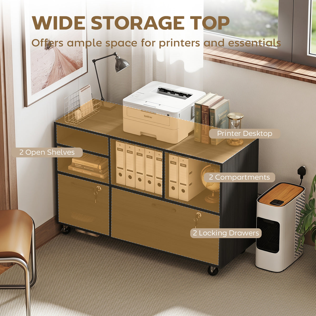 2-Drawer Mobile File Cabinet with Charging Station - Black