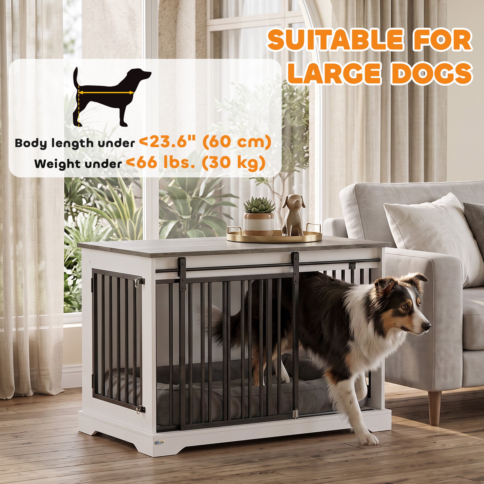 100 cm Dog Crate Furniture with Sliding Barn Door for Large Breeds, White