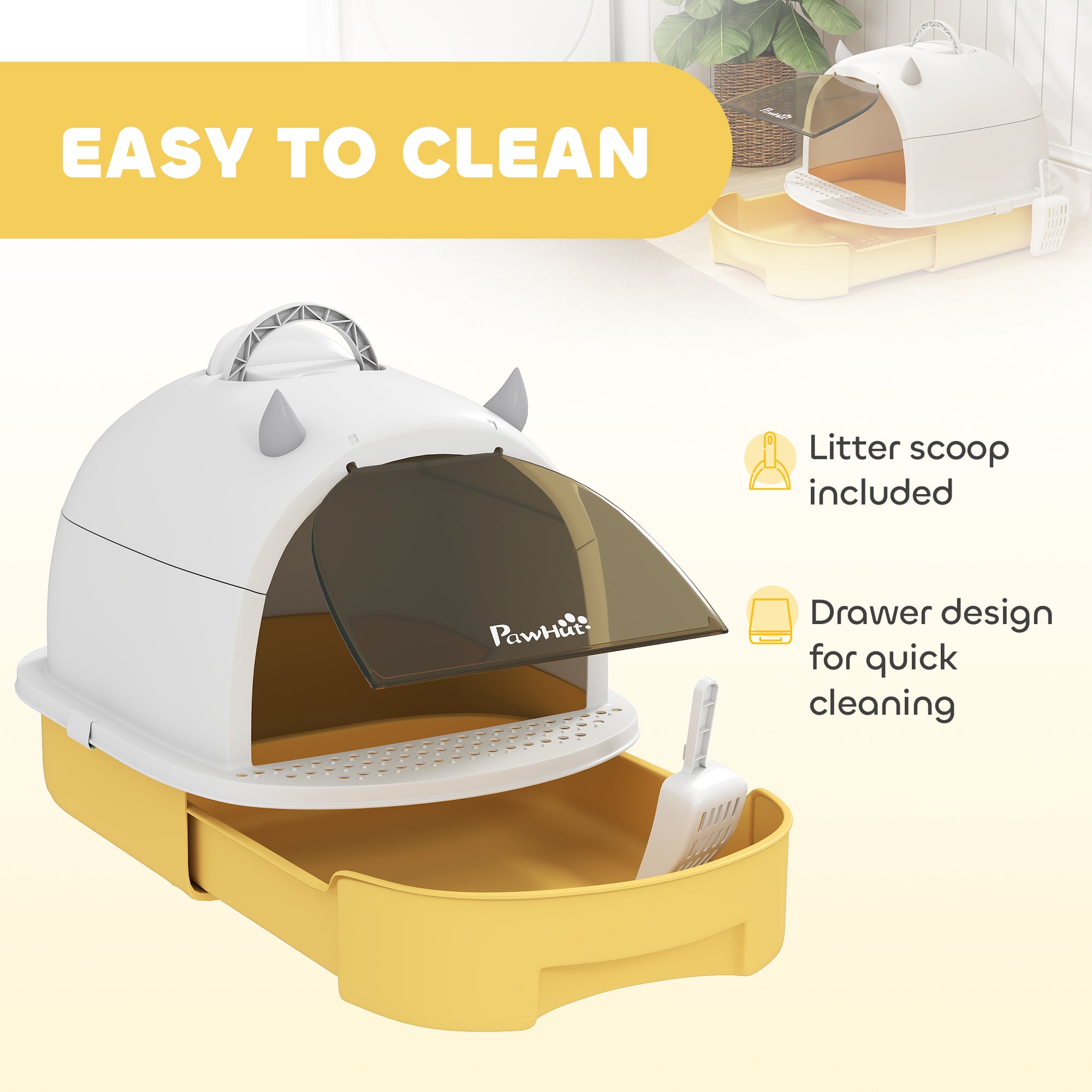 Cat Litter Box with Lid, Front Door Flap, Scoop, Handle, Easy Clean, for Small and Medium Cats, Yellow