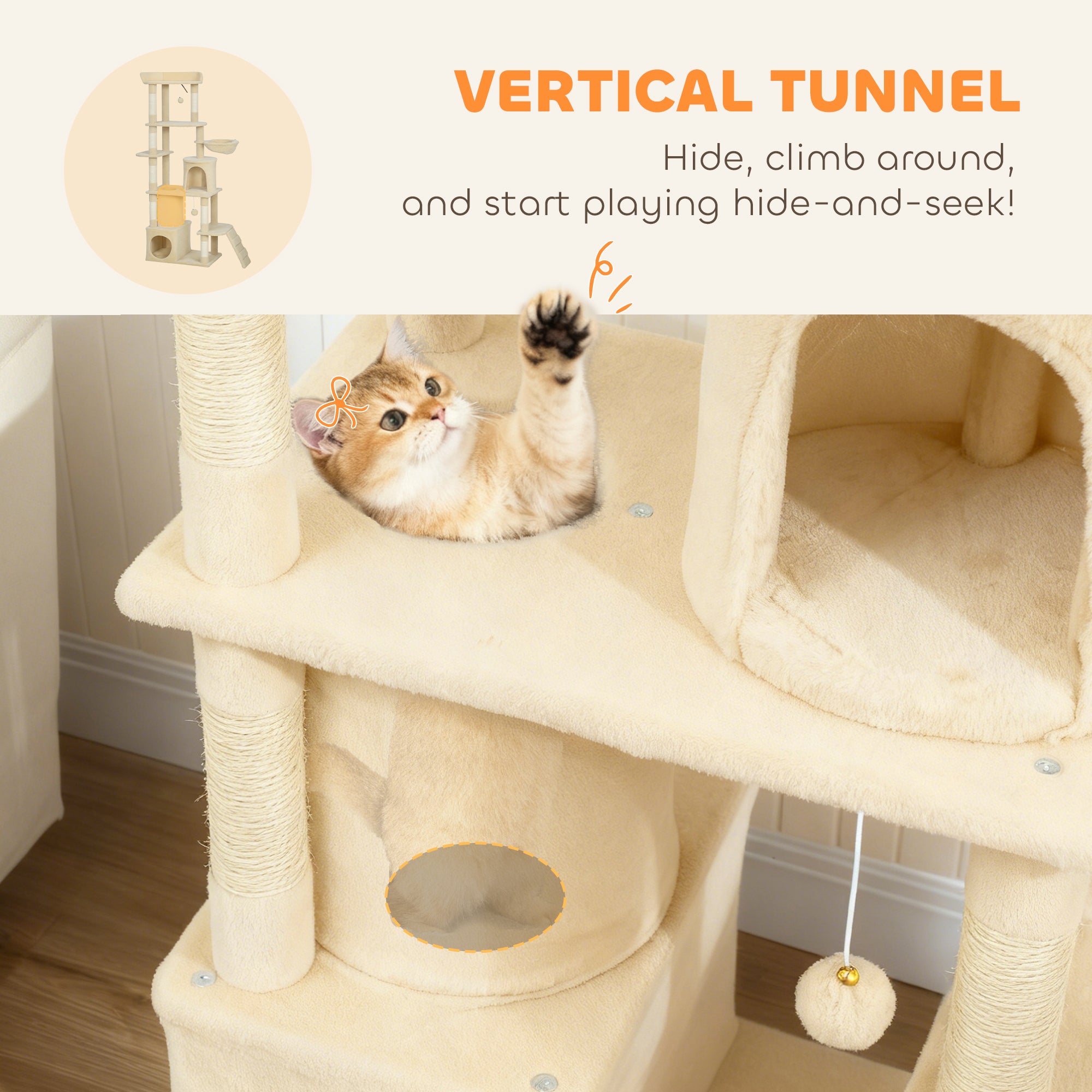 67" Large Cat Tree with 7 Scratching Posts, Tunnel, 2 Condos, Hammock, Perch, Ramp, Pompoms, Beige