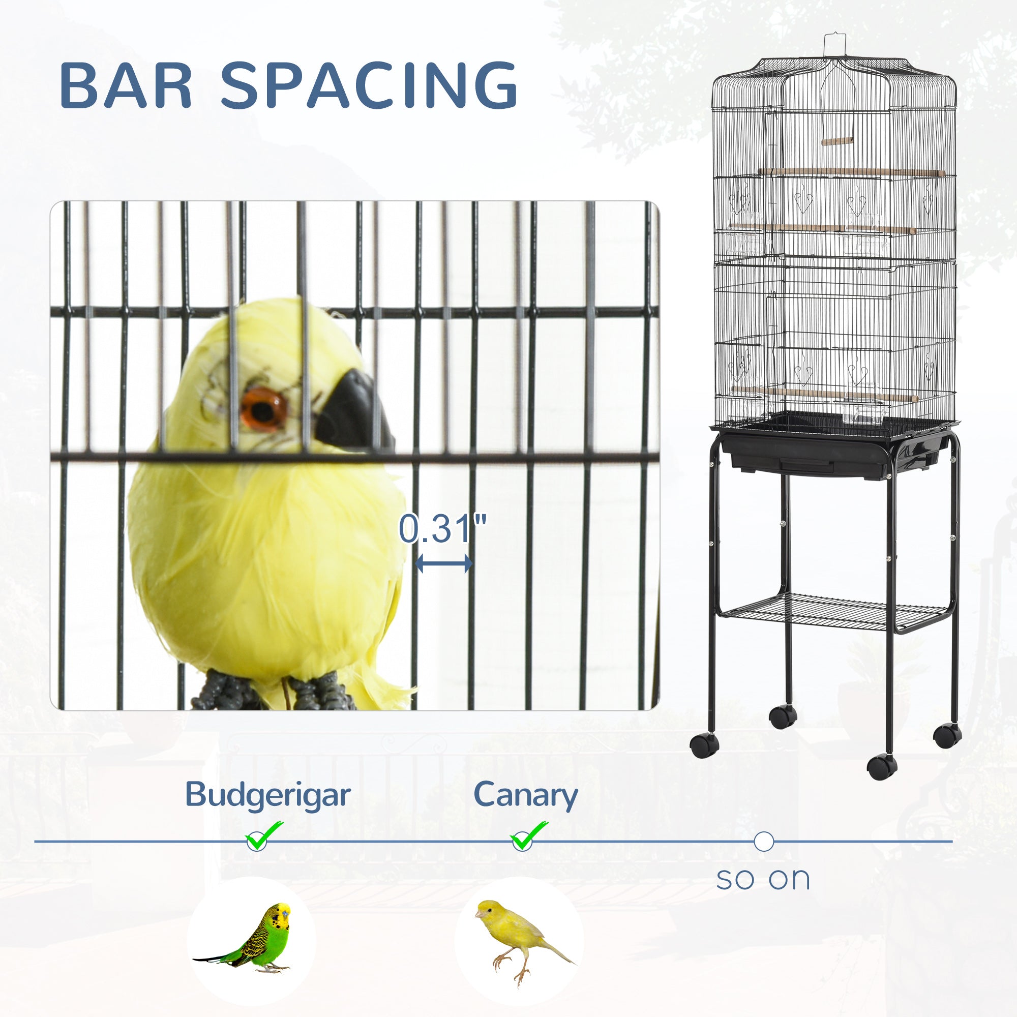 62" Rolling Bird Cage Cockatoo House Play Top Finch Pet Supply with Storage Shelf, Wheels - Black