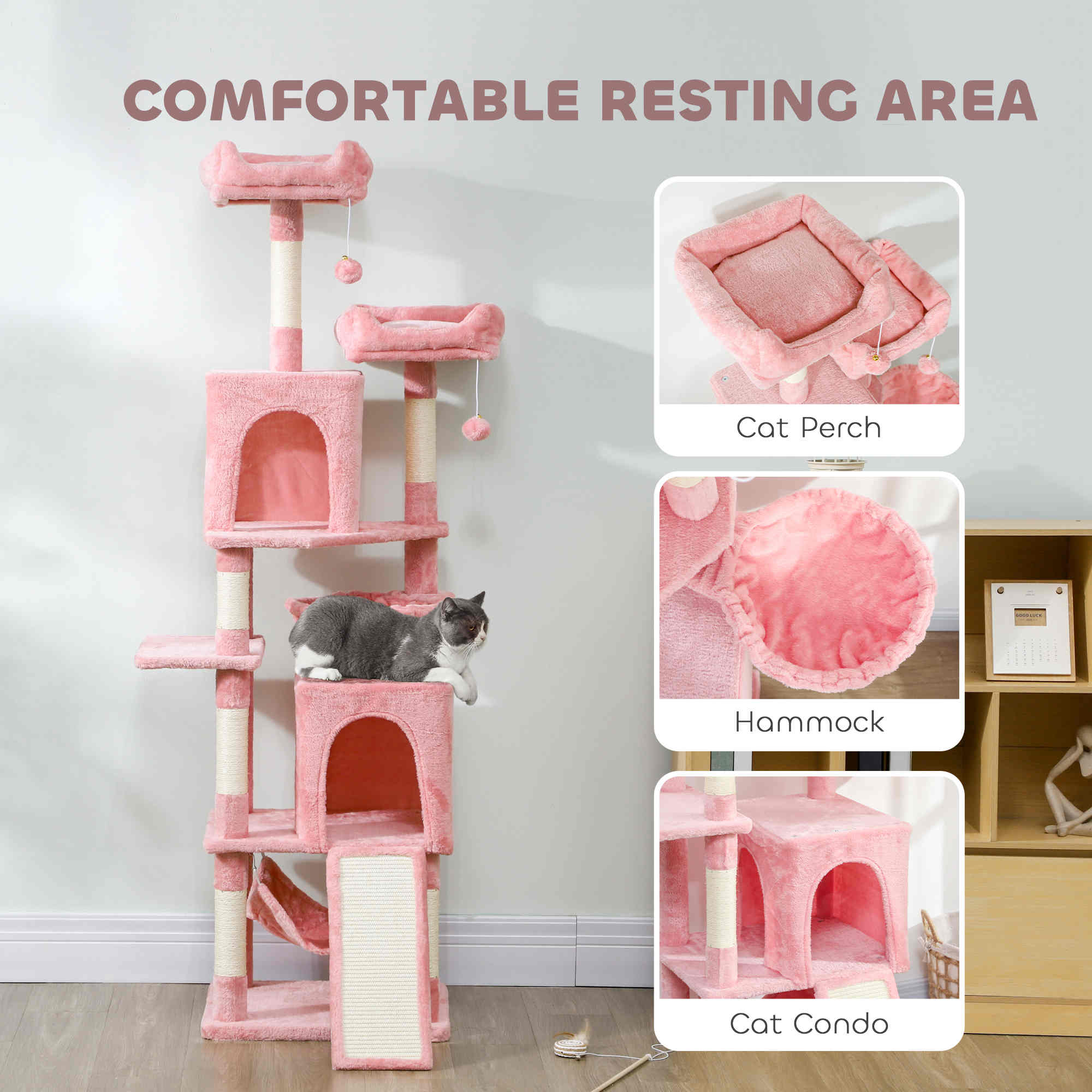 Cat Tree, 70" Multi-Level Cat Tower with 2 Condos, 2 Perches, Hammock, Toy Balls, Scratching Posts and Board, Pink