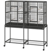 56"H Bird Cage, Parrot Cage w/ Detachable Rolling Stand, Removable Tray, Storage Shelf, Perches, Food Container