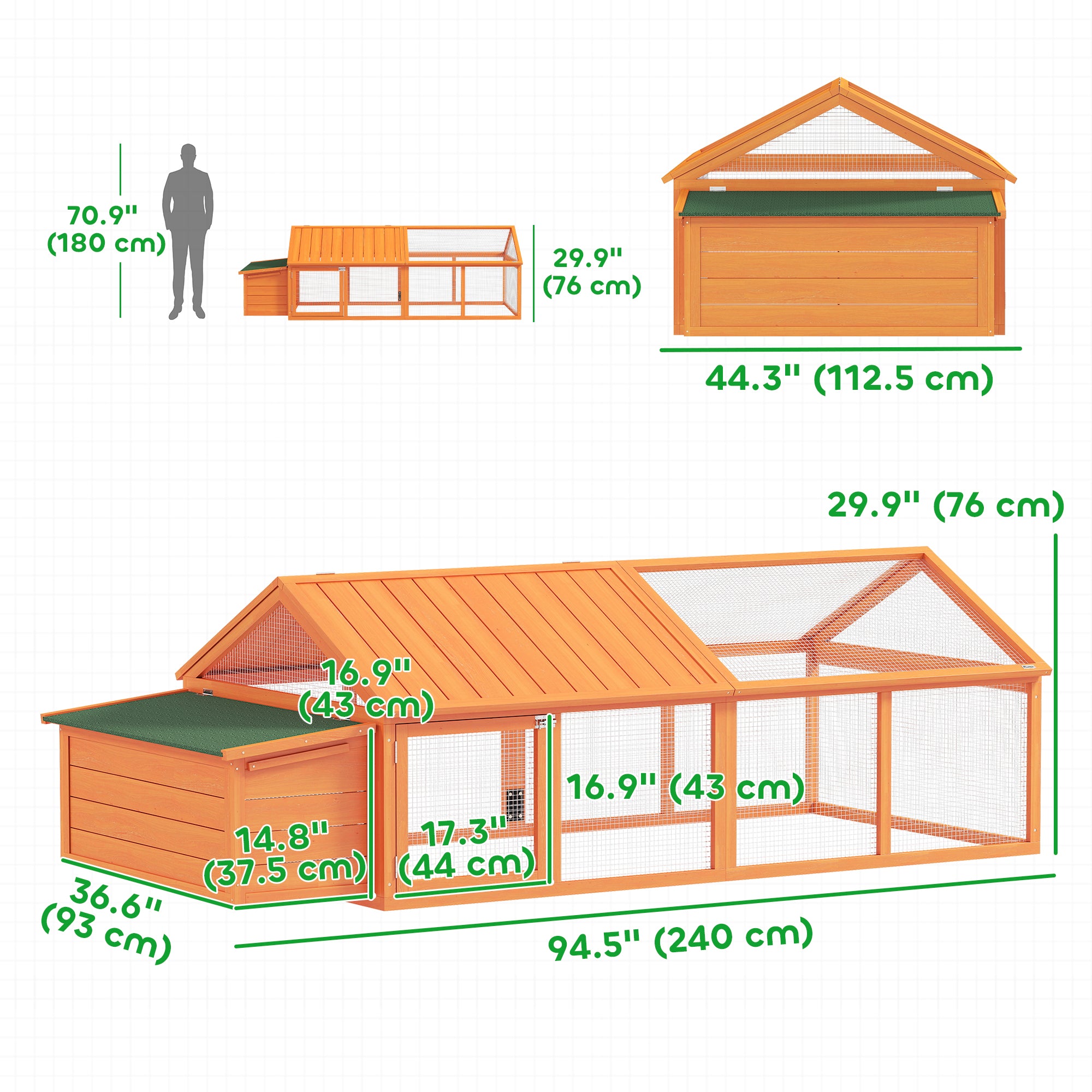 95"L Chicken Run Large Chicken Coop with Nesting Box Wooden Roof Side Door for Outdoor 4–8 Chickens