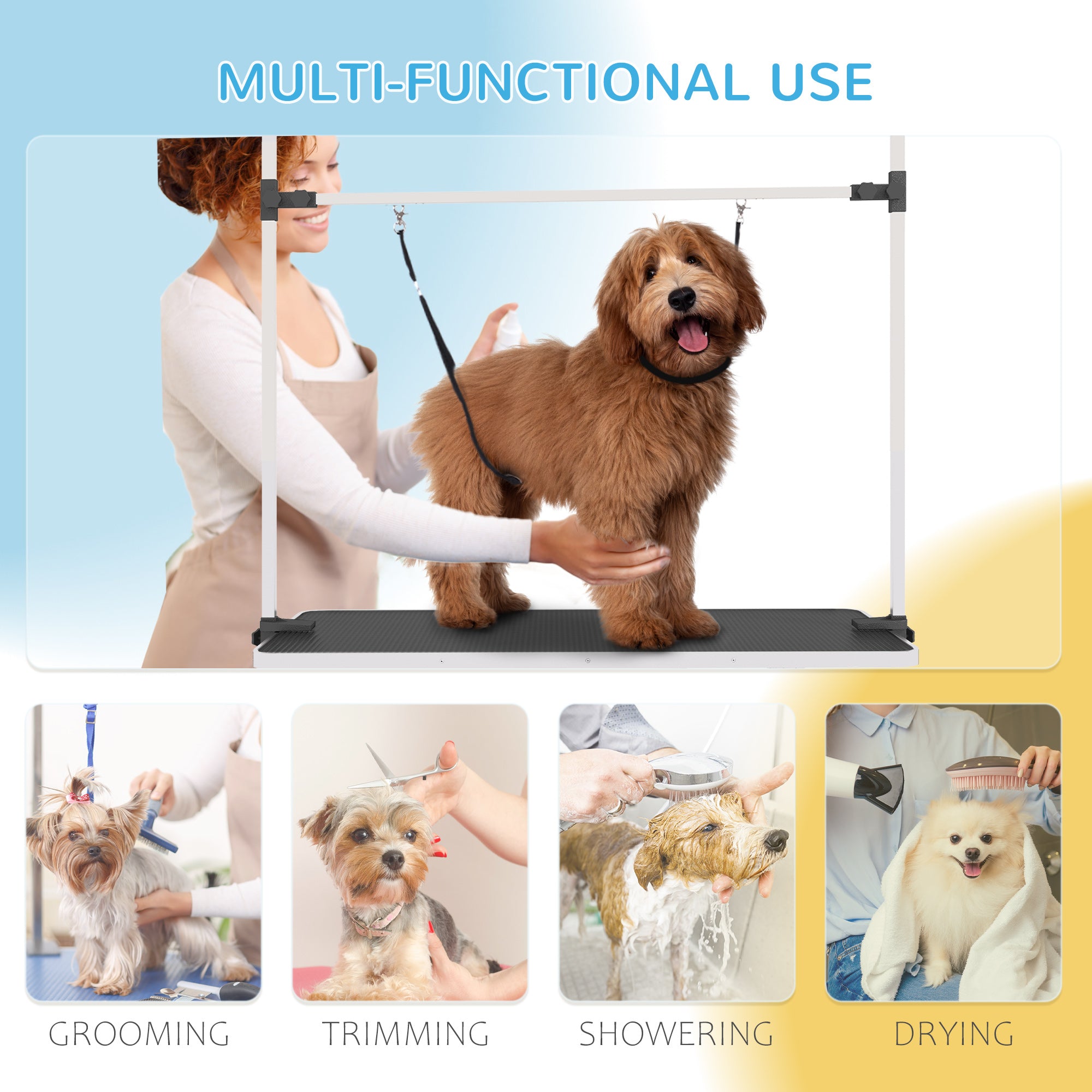 Adjustable Dog Grooming Table with 2 Safety Slings, Storage Basket, Black