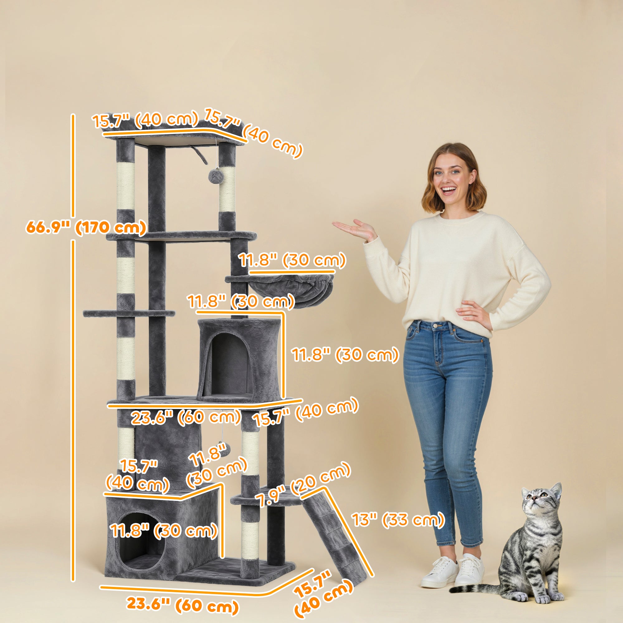 67" Large Cat Tree with 7 Scratching Posts, Tunnel, 2 Condos, Hammock, Perch, Ramp, Pompoms, Dark Grey
