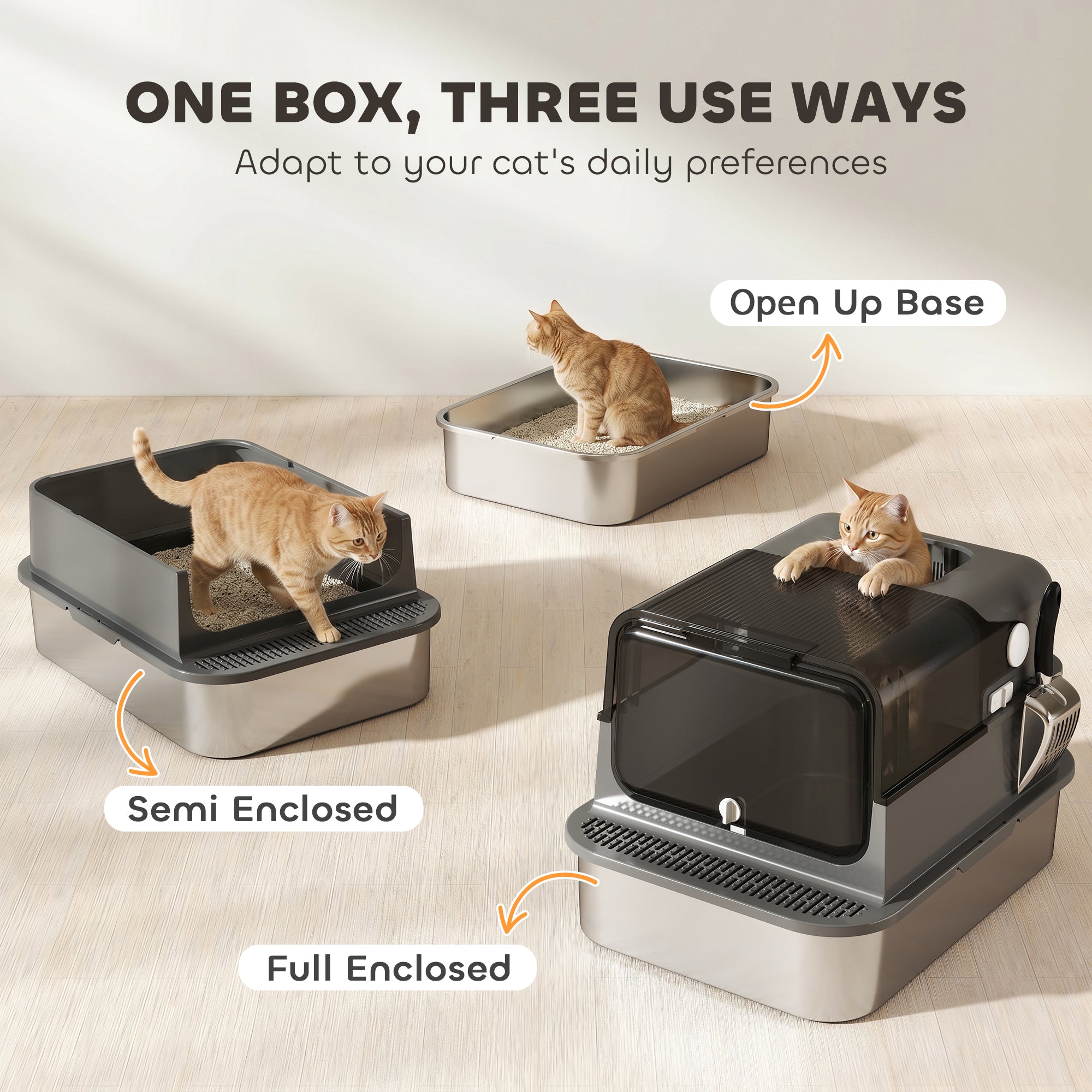 XXL Stainless Steel Cat Litter Tray, Enclosed Cat Litter Box for Big Cats with High Sides, Scoop, Easy Clean, Black