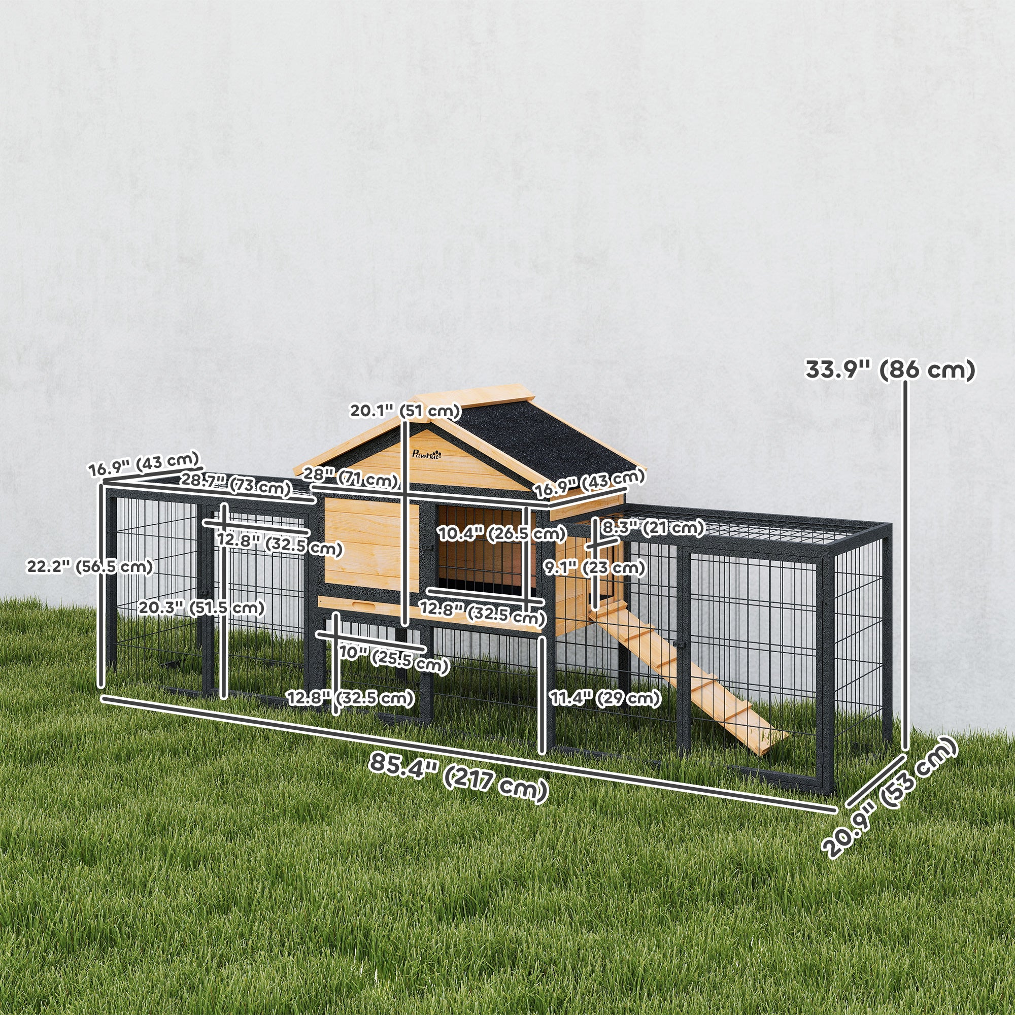 Clapier extérieur pour lapins, grande cage en bois de 85"L avec enclos, bac en plastique amovible, toit en asphalte, rampe, jaune