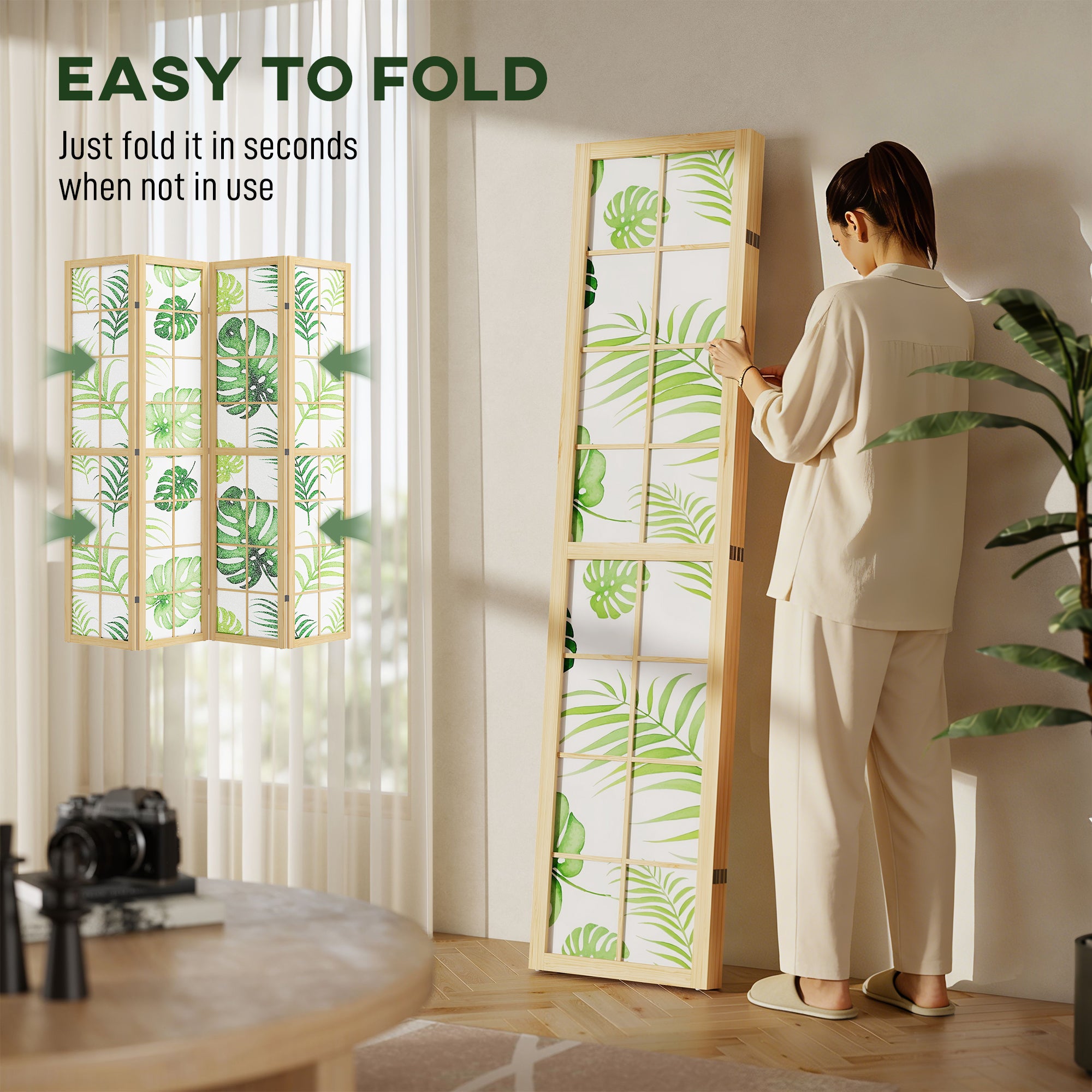 Paravent pliable à 4 panneaux, séparateur de pièce de 67" avec motif de feuilles de palmier pour le salon ou la chambre, naturel et vert
