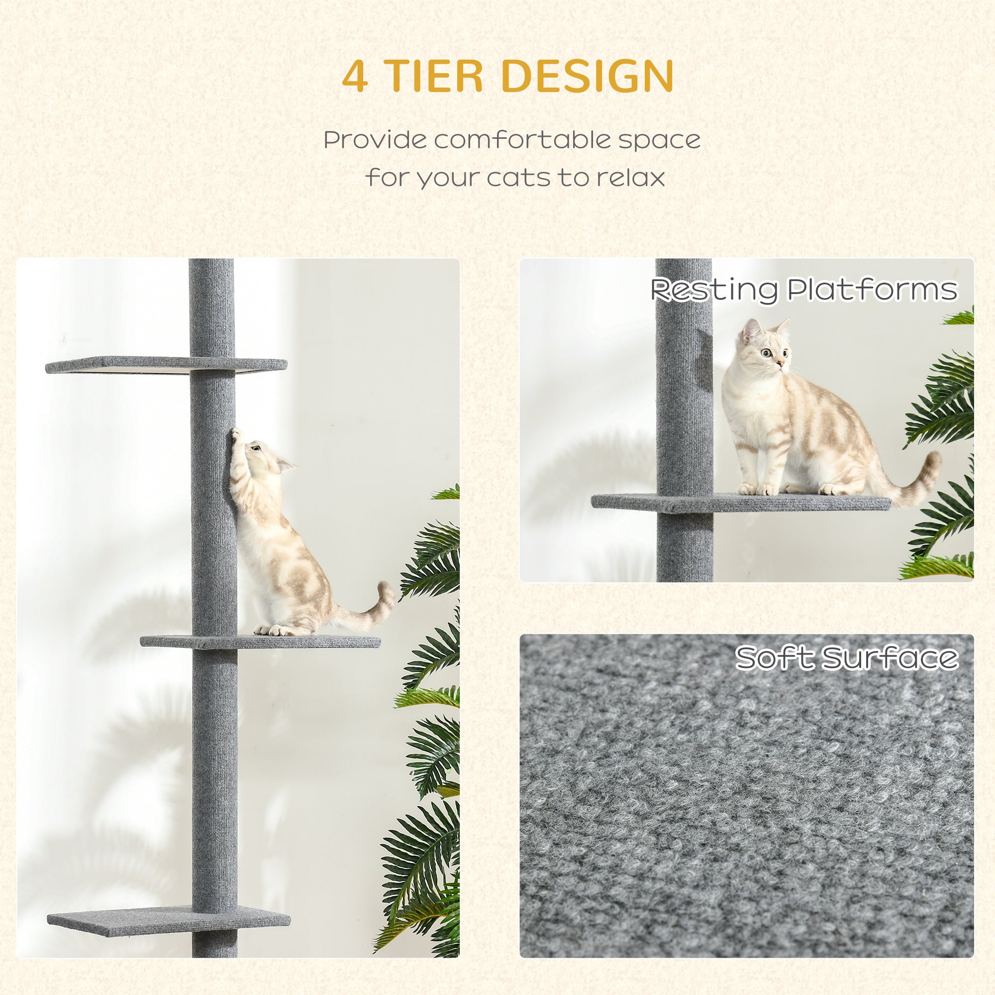 100" Floor To Ceiling Cat Tree w/ 3 Perches Activity Center for Kittens Cat Tower Furniture, Grey