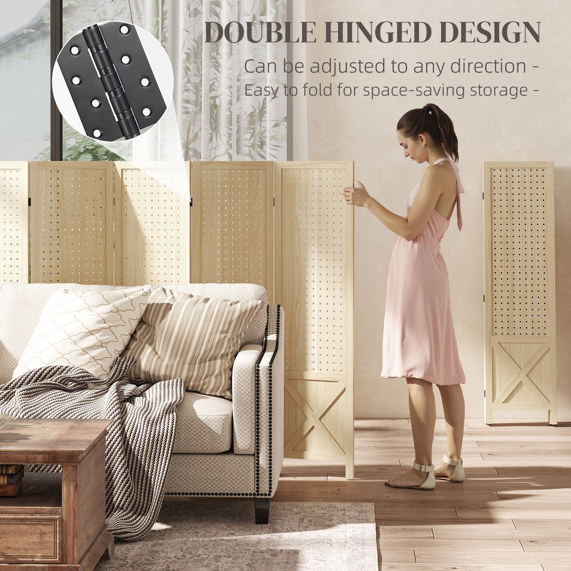 Wooden Room Divider with Pegboard Display, 6 Panel Folding Privacy Screen for Home Office, Natural Wood