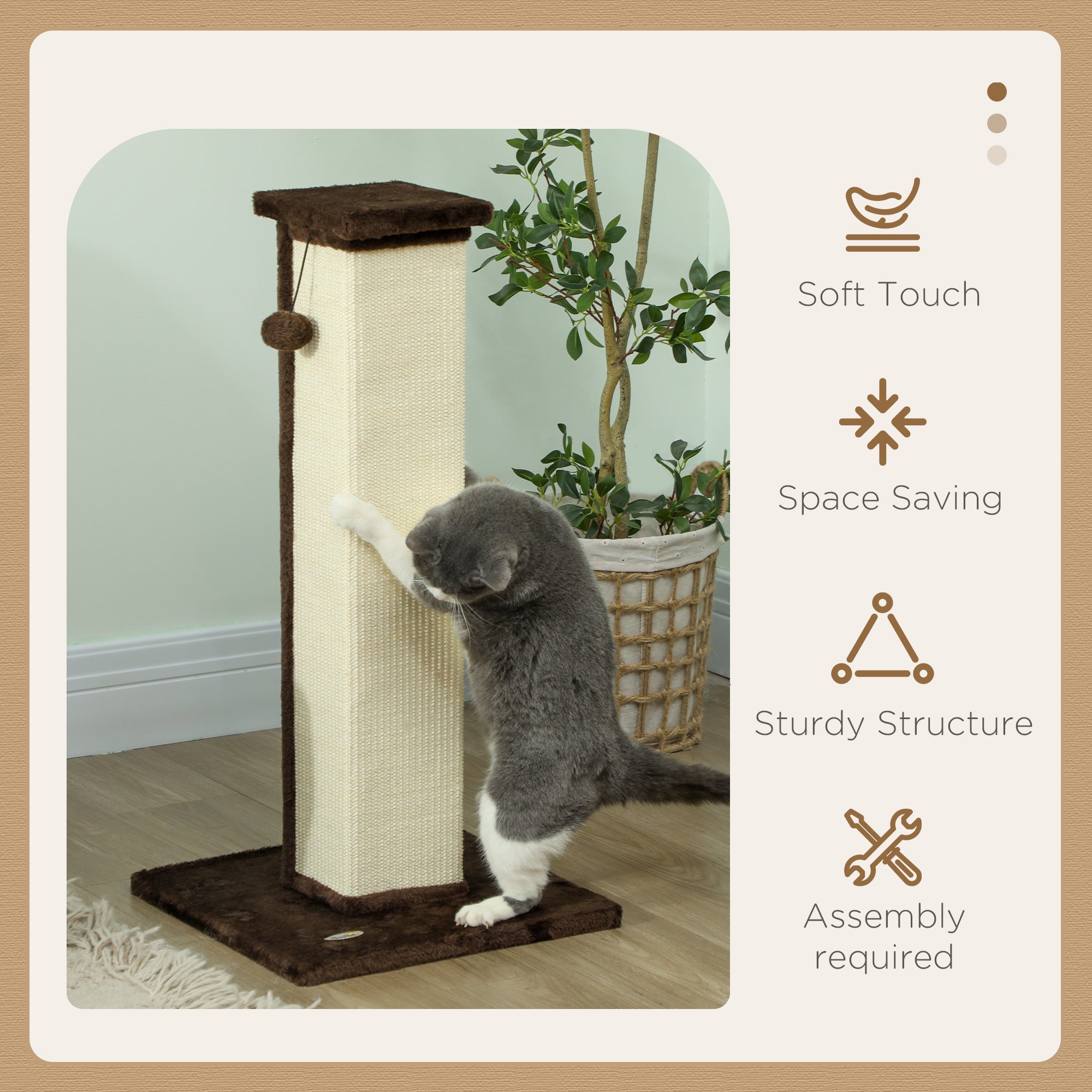 32" Tall Cat Scratching Post for Indoor Cats and Kittens, Sisal Cat Scratcher with Hanging Ball Soft Plush, Brown