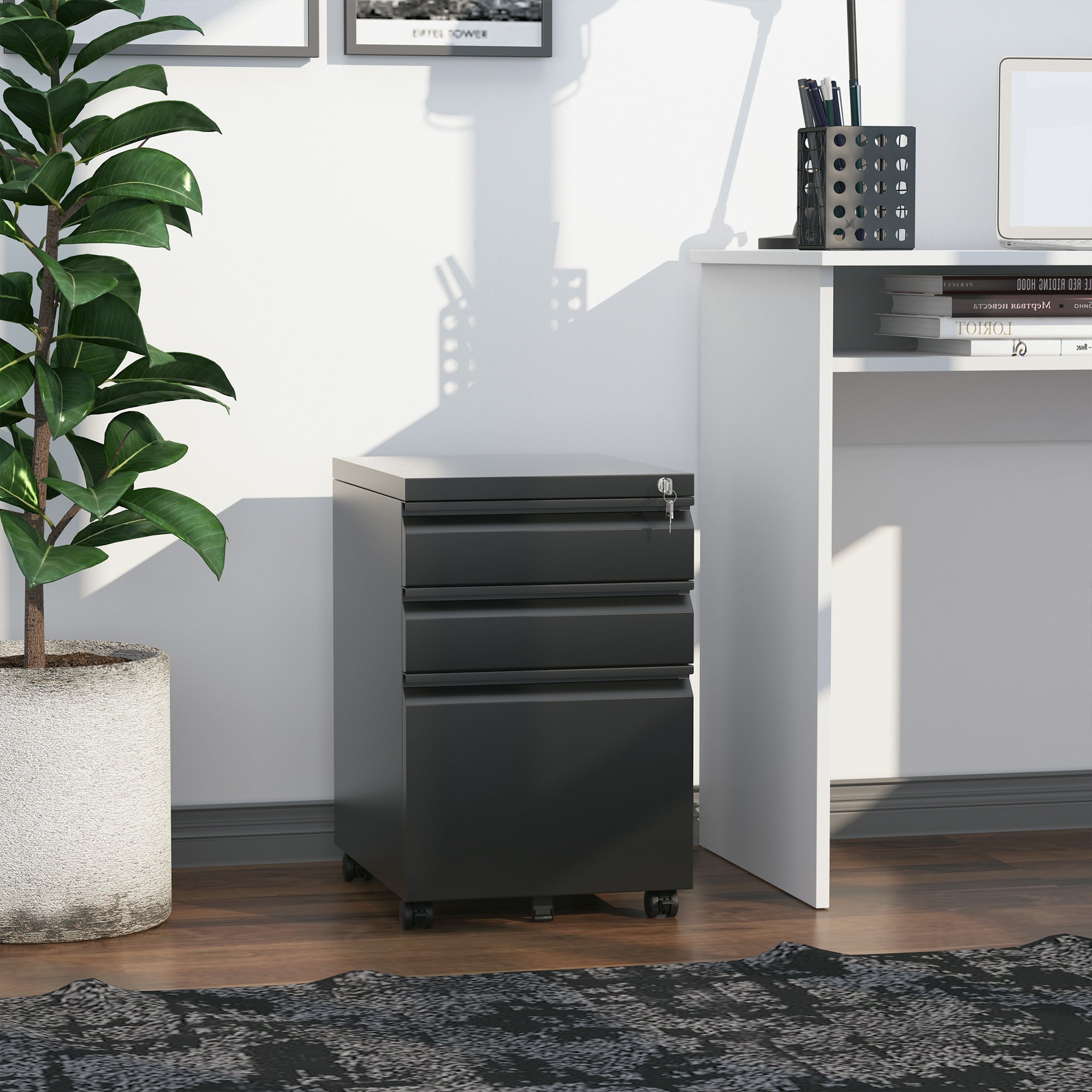 3-Drawer Lockable Steel Filing Cabinet on Wheels - Black