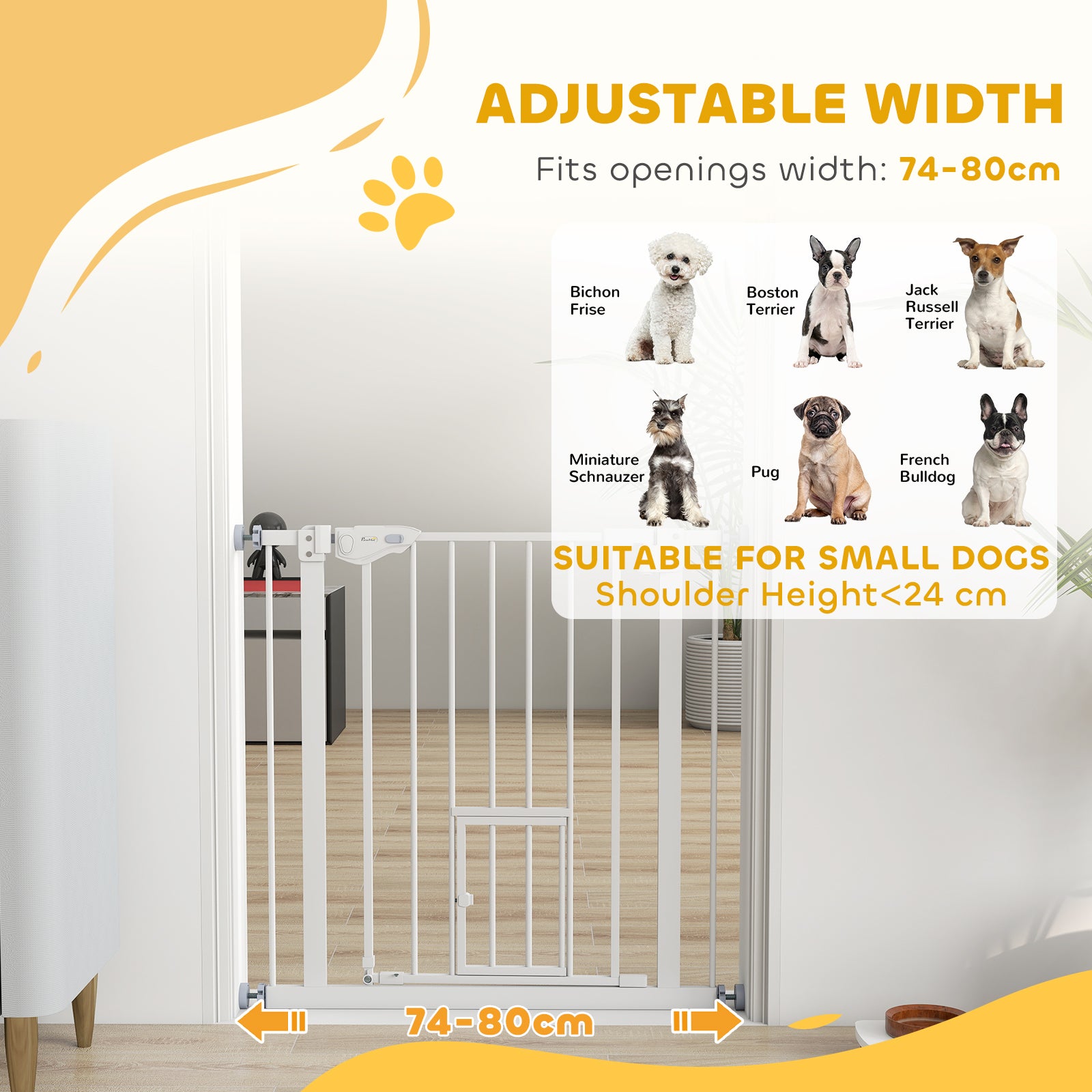 Barrière pour animaux extra-large à fixation par pression avec chatière, fermeture automatique, pour escaliers et couloirs, 29-32 pouces, blanche