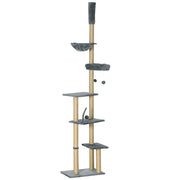 Floor to Ceiling Cat Tree, 90.5" - 98.5" Cat Tower with Scratching Post, Dangling Balls, Platforms, Bed, Hammock, Grey