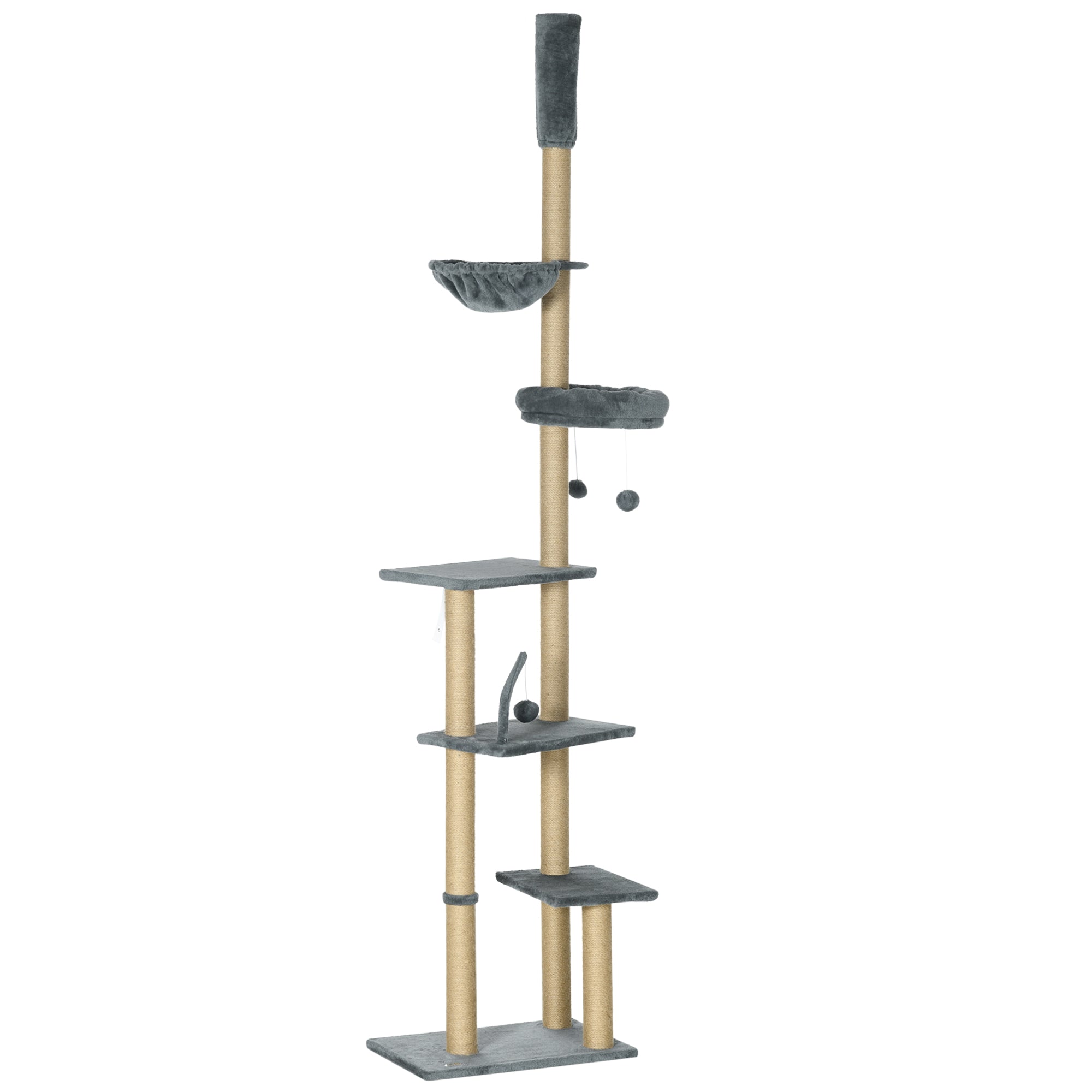 Floor to Ceiling Cat Tree, 90.5" - 98.5" Cat Tower with Scratching Post, Dangling Balls, Platforms, Bed, Hammock, Grey