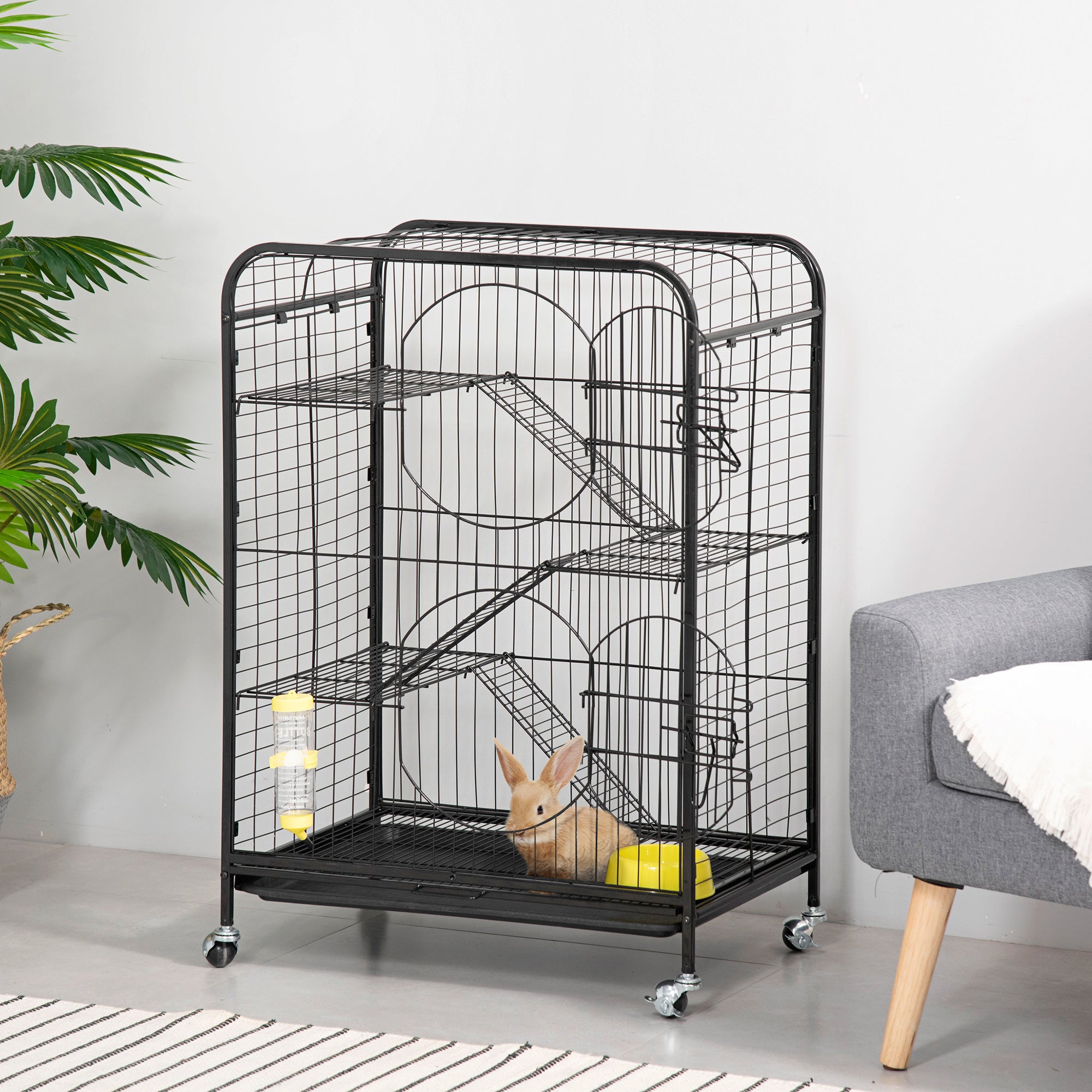 Rolling Small Animal Cage 36.6" Pet Rabbit Ferret Playpen, Animal Supply Kit Metal Black for Bunny, Pet Mink, Chinchilla
