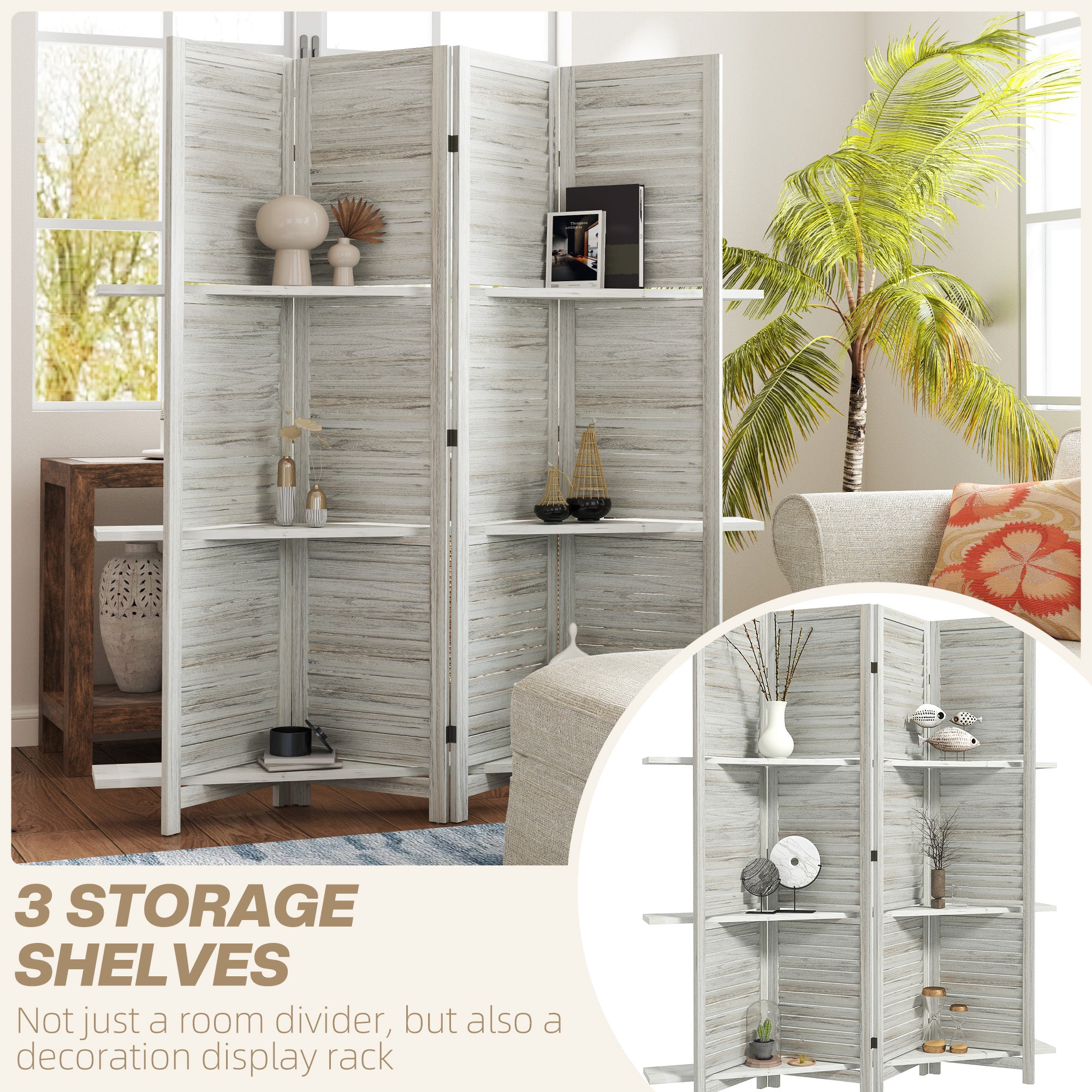 4-Panel Wall Partition Room Separator with 3 Storage Shelves Foldable Design Wooden Frame 5.6FT Distressed White