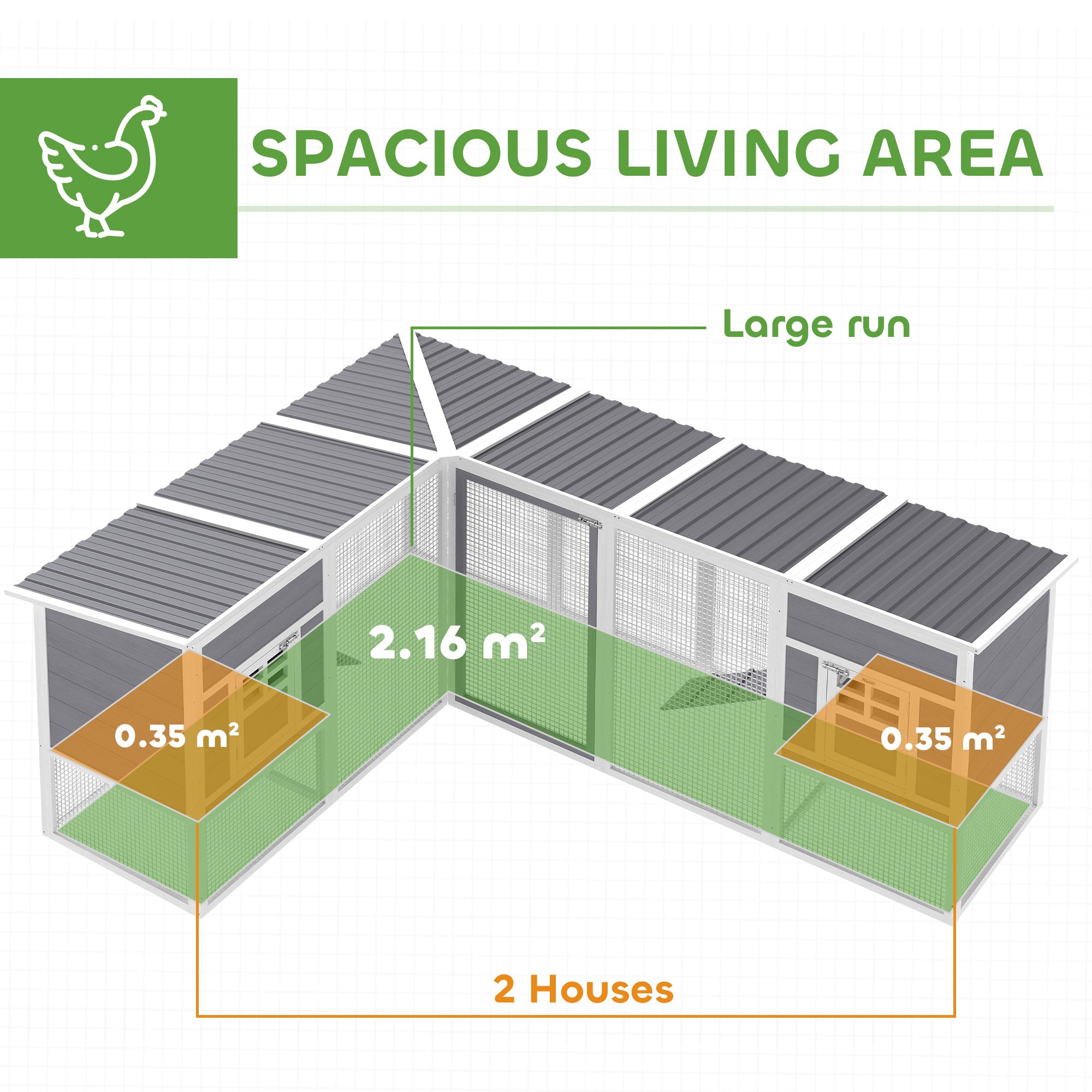 Chicken Coop with Run, L-Shaped Wooden Chicken House with 2 Houses, Outdoor Hen House with Waterproof Roof and Ramps