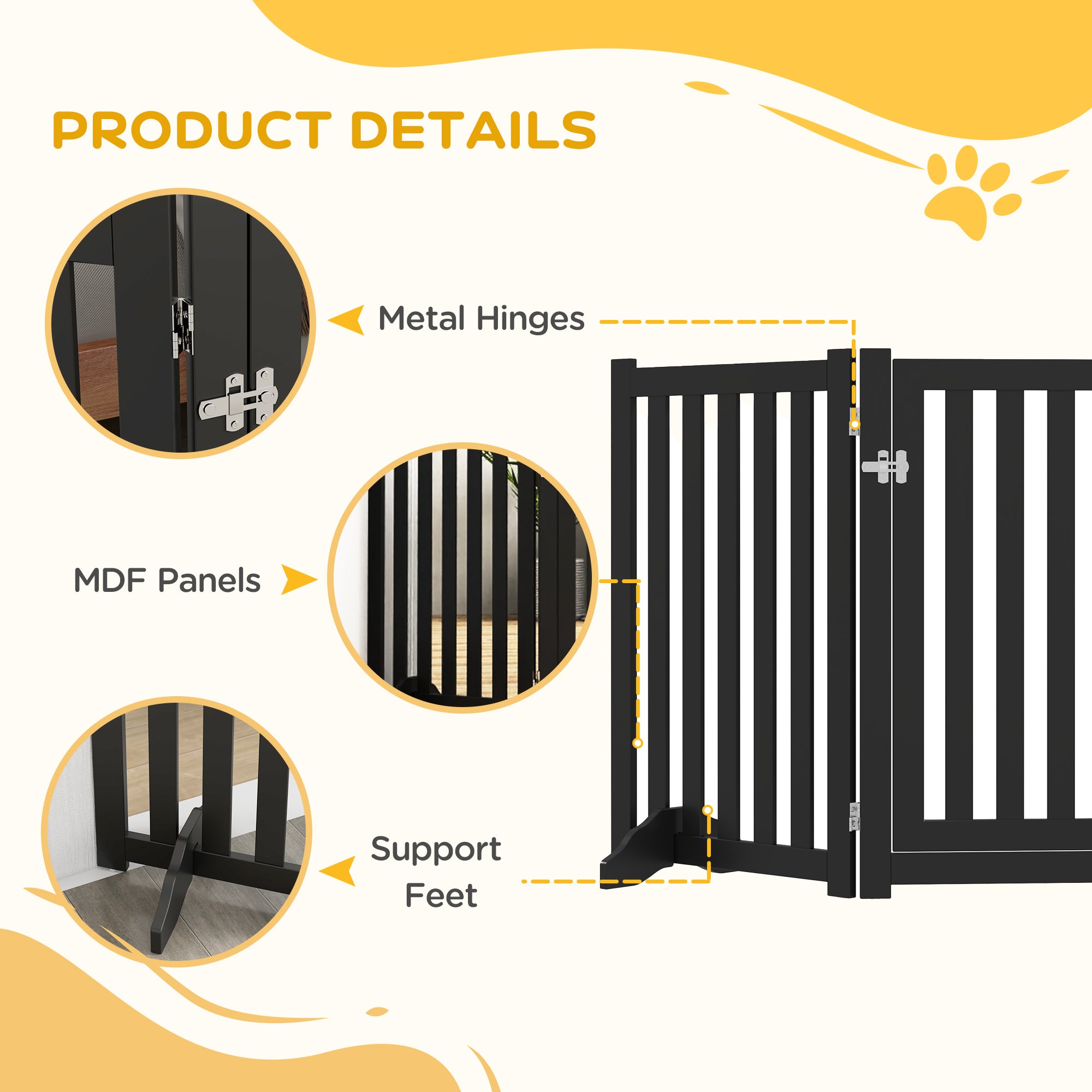 3-Panel Foldable Dog Gate with Feet for Medium Dogs and Below, Black