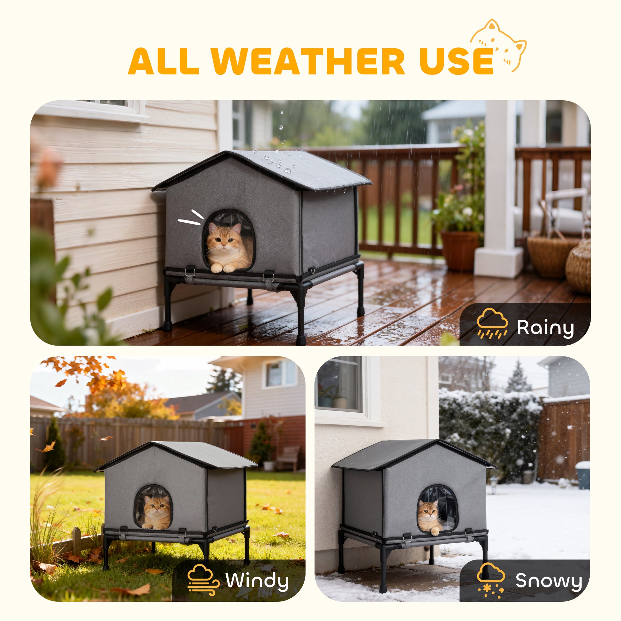 Outdoor Cat House, Waterproof Insulated Cat Kennel with Elevated Base, Foldable Feral Kitty Shelter for Kittens, Grey
