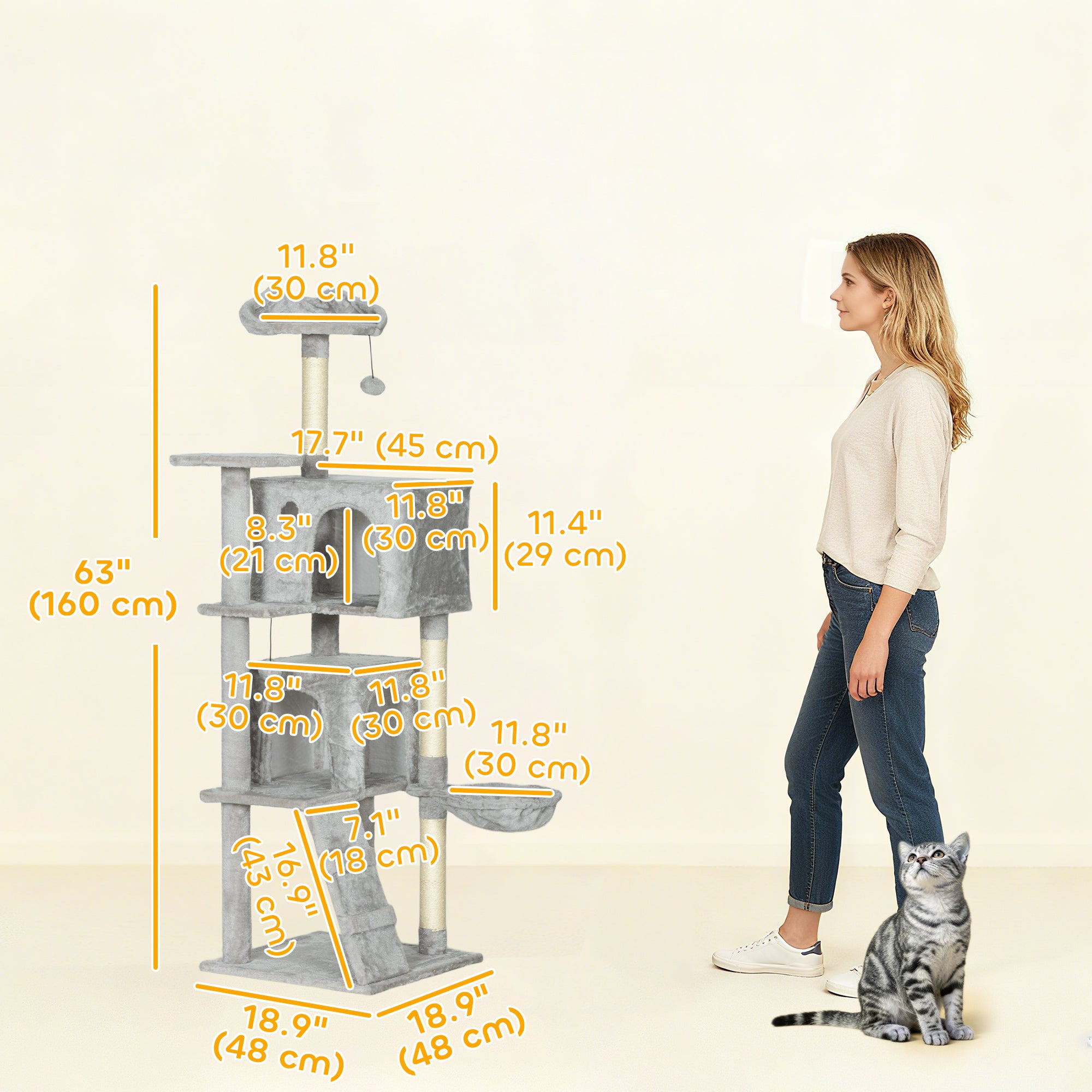 63 Inch Cat Tree with Sisal Scratching Posts, Condos, Plush Perches, Hammock, Ladder, Dangling Balls, Light Grey