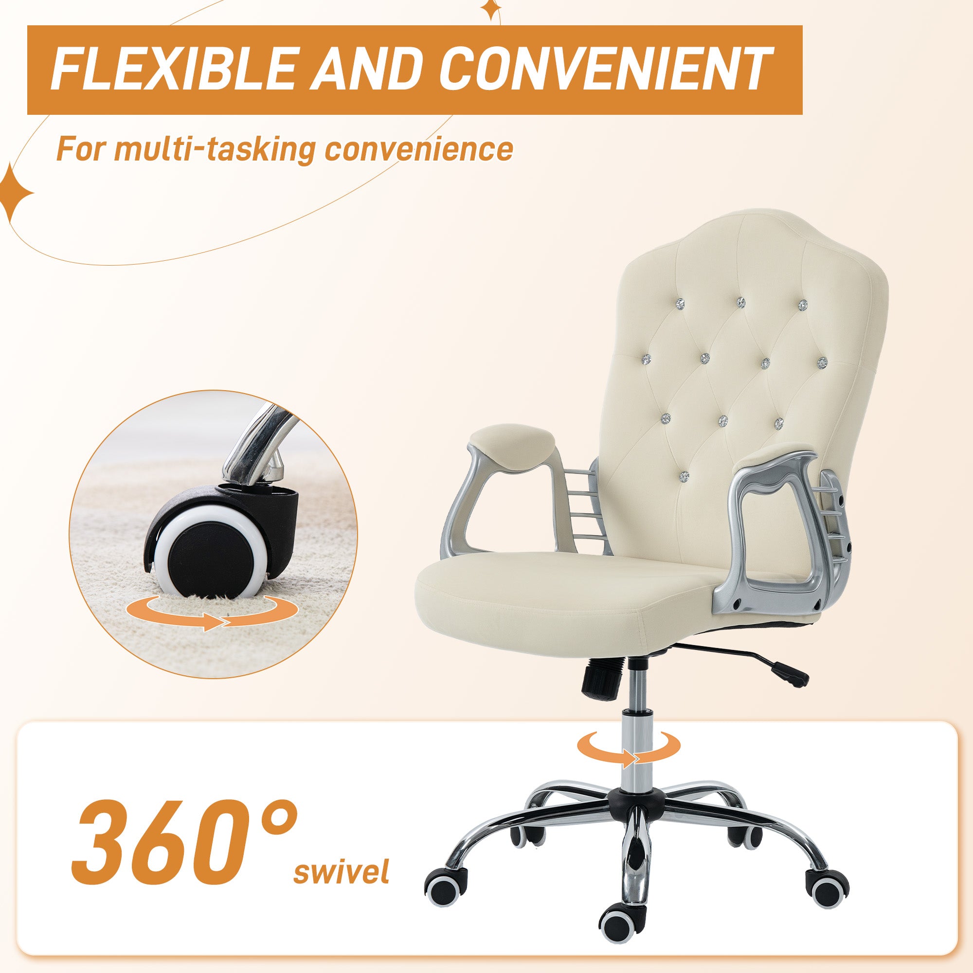 Vanity Office Chair, Velvet Computer Desk Chair with Swivel Wheels, Adjustable Height, Tilt Function, Beige-Office Products > Office Furniture > Office Chairs > Task Chairs-DECOROLALA