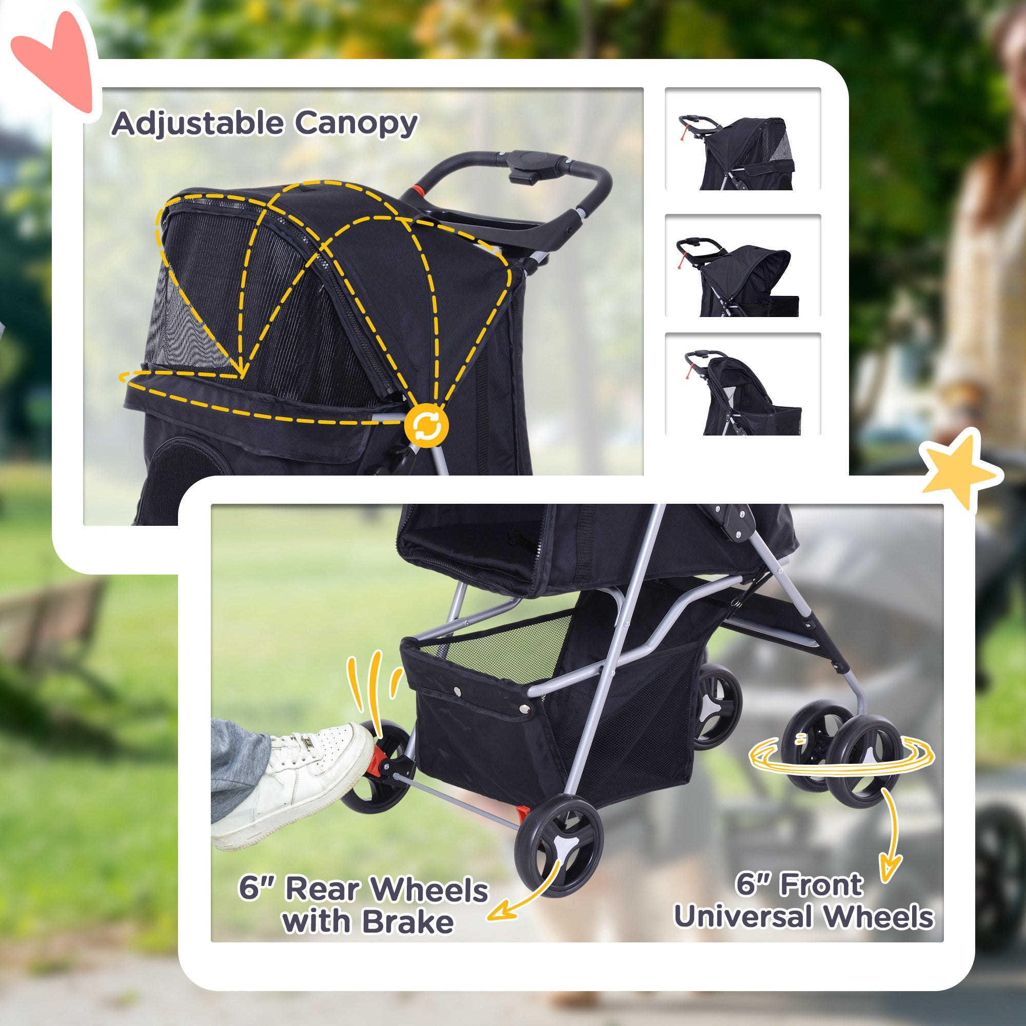 Cat Dog Stroller, One-click Foldable Pet Stroller w/Cup Holder, 4 Wheels Travel Carrier w/Brakes, 360° Swiveling Front Wheels, Storage Basket, for XS/Small Dogs Cats, Black