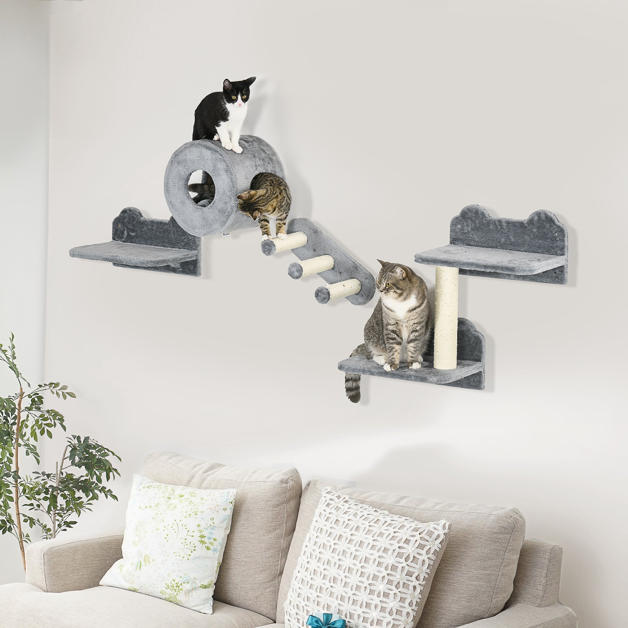 4 PCs 9.3" H Cat Wall Shelves, Pet Wall-mounted Climbing Shelf Set, Kitten Activity Centre with Condo, Cushion, Scratching Post, Jumping Platform, Grey