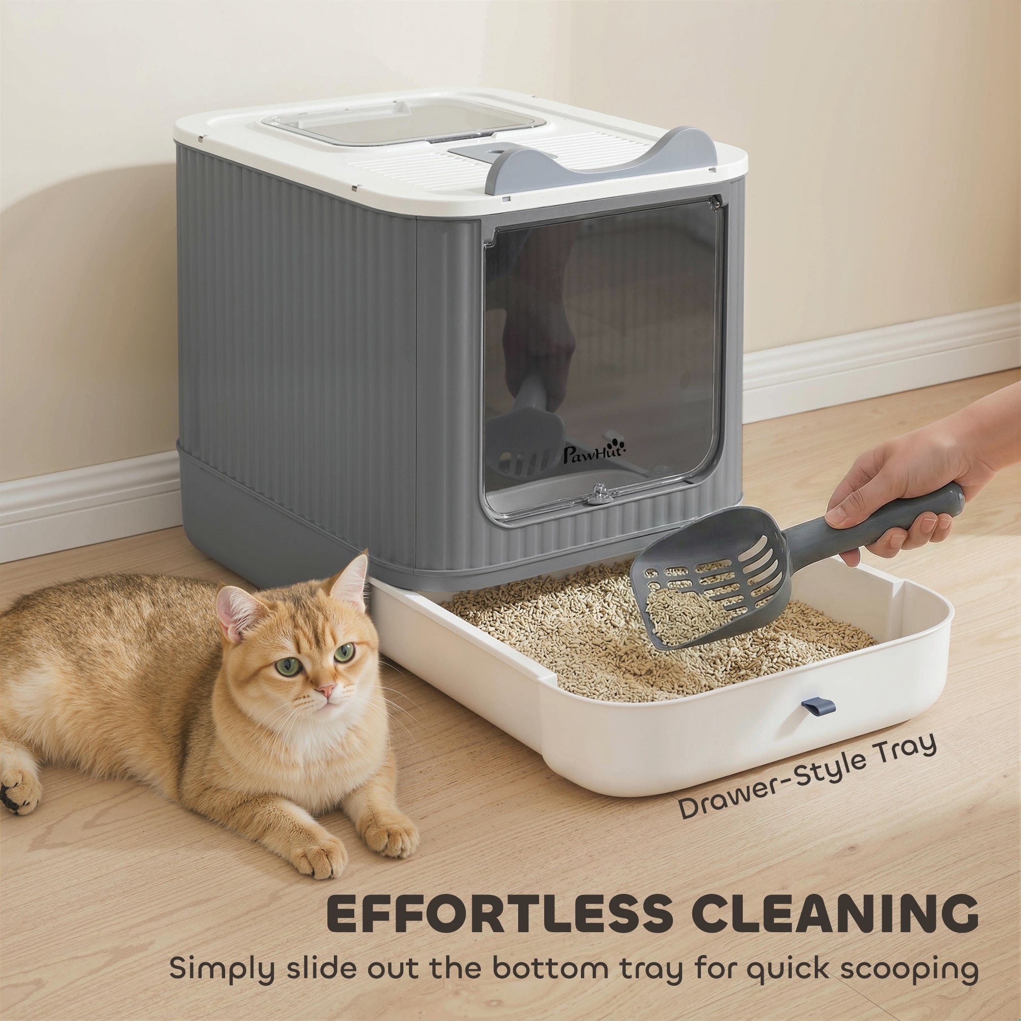 Litter Box with Lid, Enclosed Kitty Litter Box with Front-Entry, Top-Exit, Scoop, Deodorizer Bag for Medium Cats, White