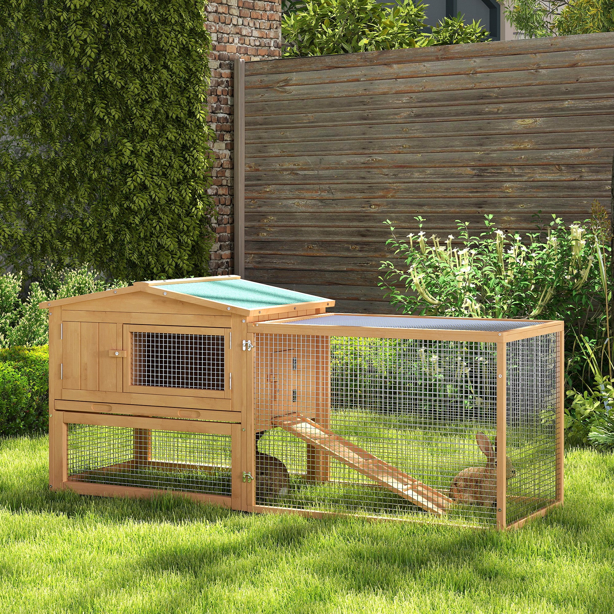 Clapier à lapins à 2 niveaux de 62'' L, cage et maison pour petits animaux avec bac amovible, enclos détachable et rampe, pour intérieur et extérieur, naturel