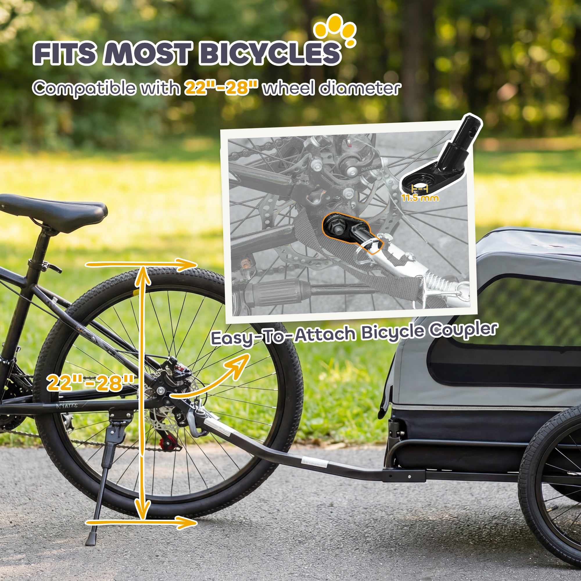 Dog Bike Trailer for Small & Medium Dogs up to 44 lbs, Universal Bicycle Coupler, Flip-Down Ramp Tailgate, Grey