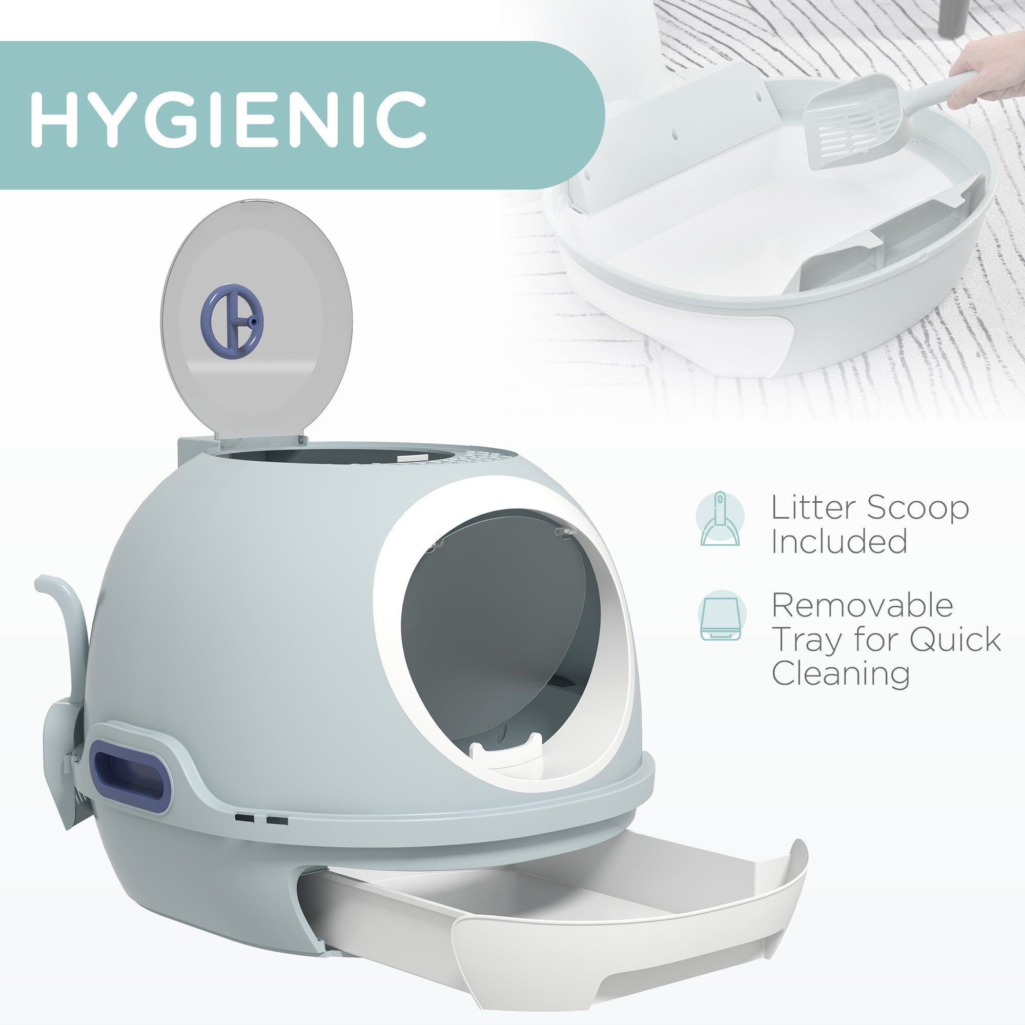 Cat Litter Box Toilet with Lid, Covered Litter Box with Scoop, Enclosed Drawer and Skylight, Blue