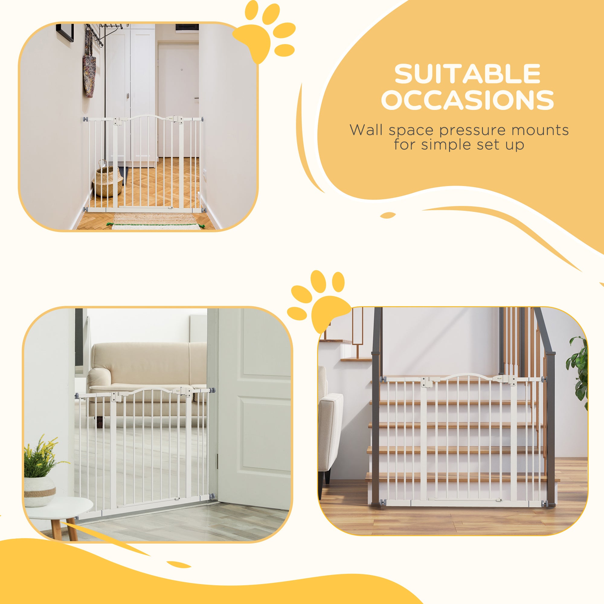 Extra Tall Dog Gate with Door, Pressure Fit, Auto Close, Double Locking for Doorways Hallways Stairs, 29"-39", White
