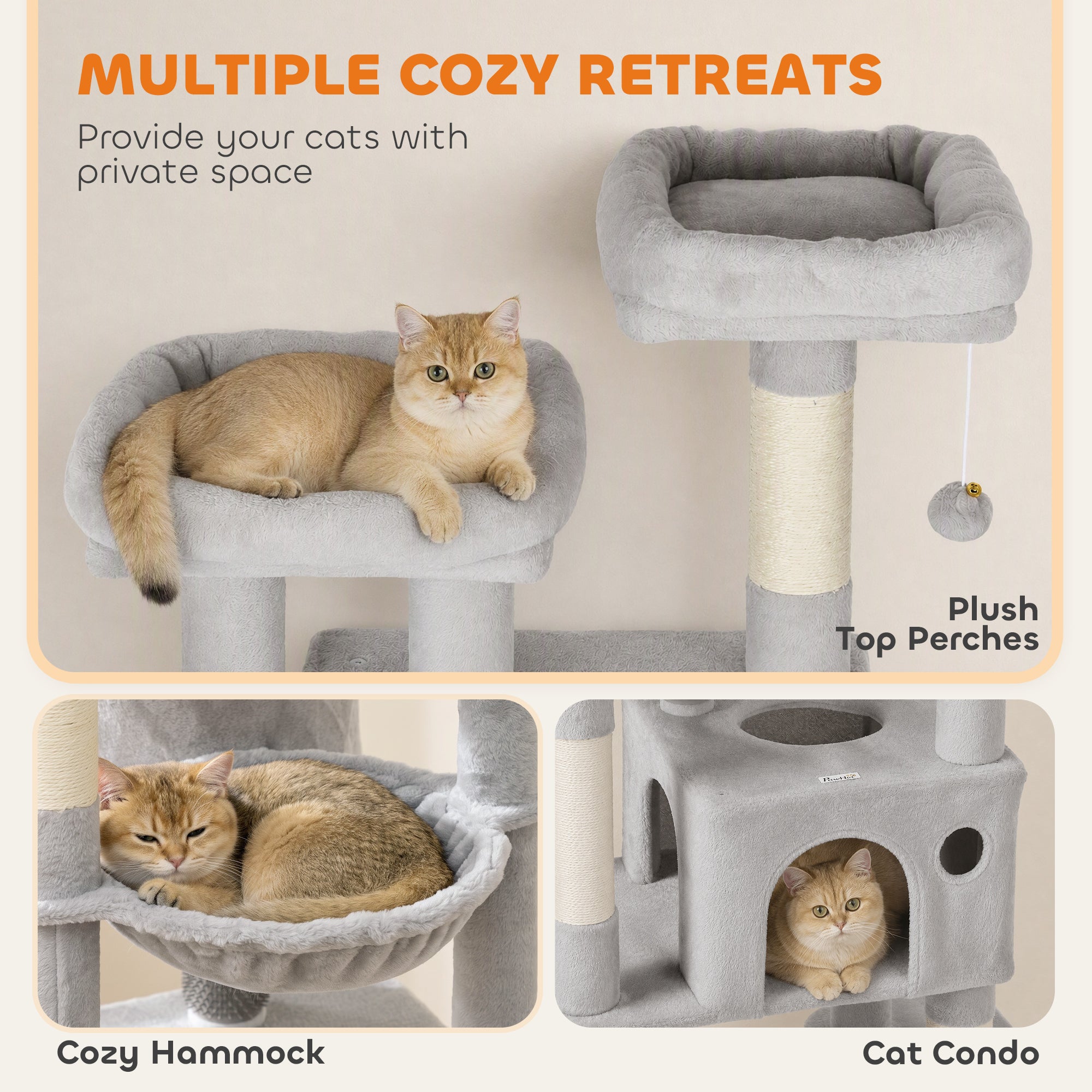 79" Tall Cat Tree for Indoor Large Cats Adult with Split Baseboard, 2 Cat Condos, 2 Beds, 5 Sisal Scratching Posts