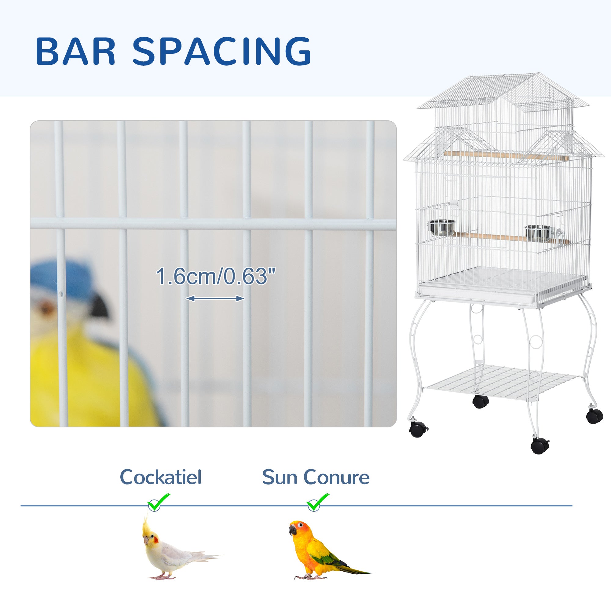 Grande cage à oiseaux roulante en acier de 53.9'', avec maison pour oiseaux, support roulant détachable, étagère de rangement, perchoir en bois, récipient à nourriture, blanche