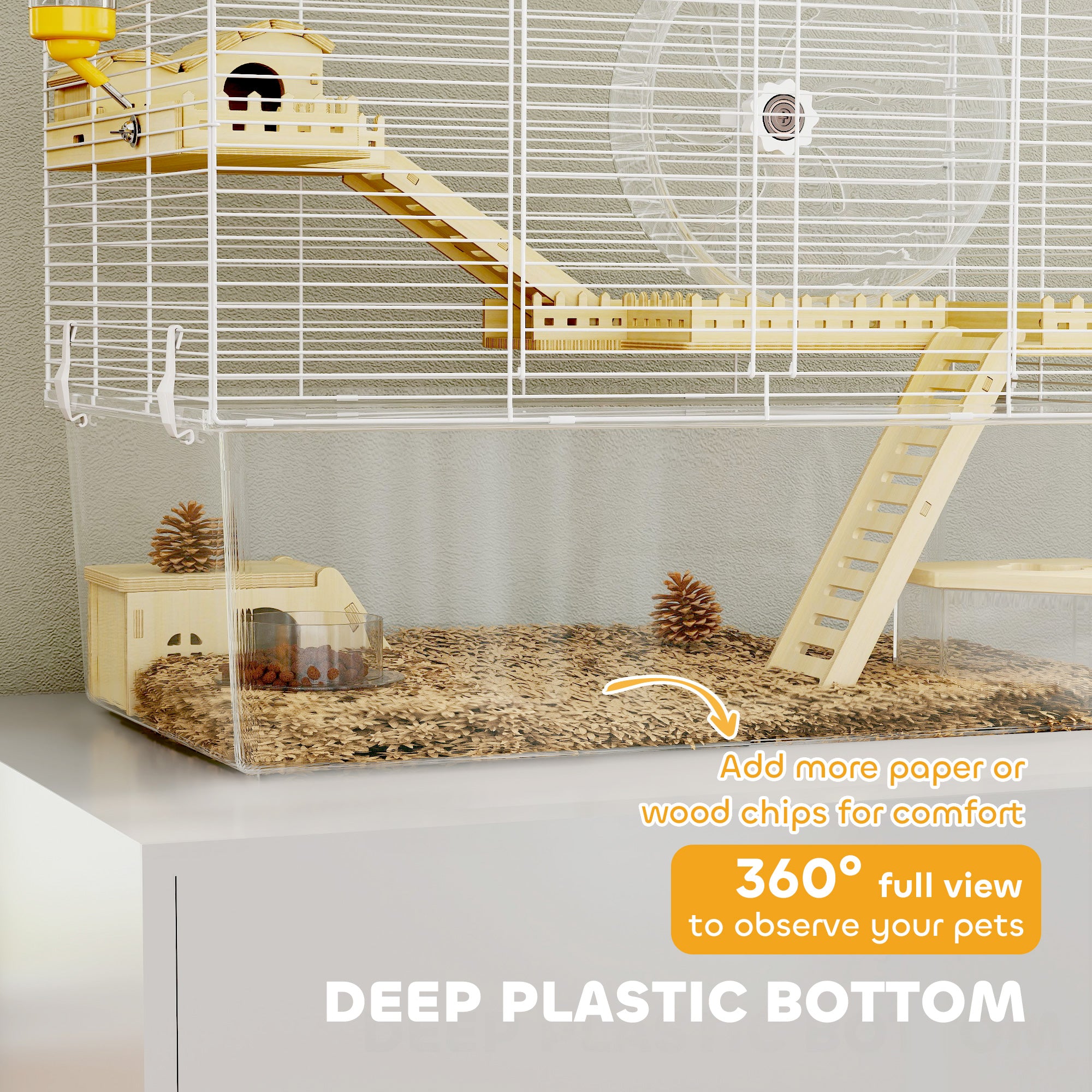 Hamster Cage with Deep Bottom, Wooden Ramp, Hut, Bathroom and Exercise Wheel for Hamster and Gerbil, White