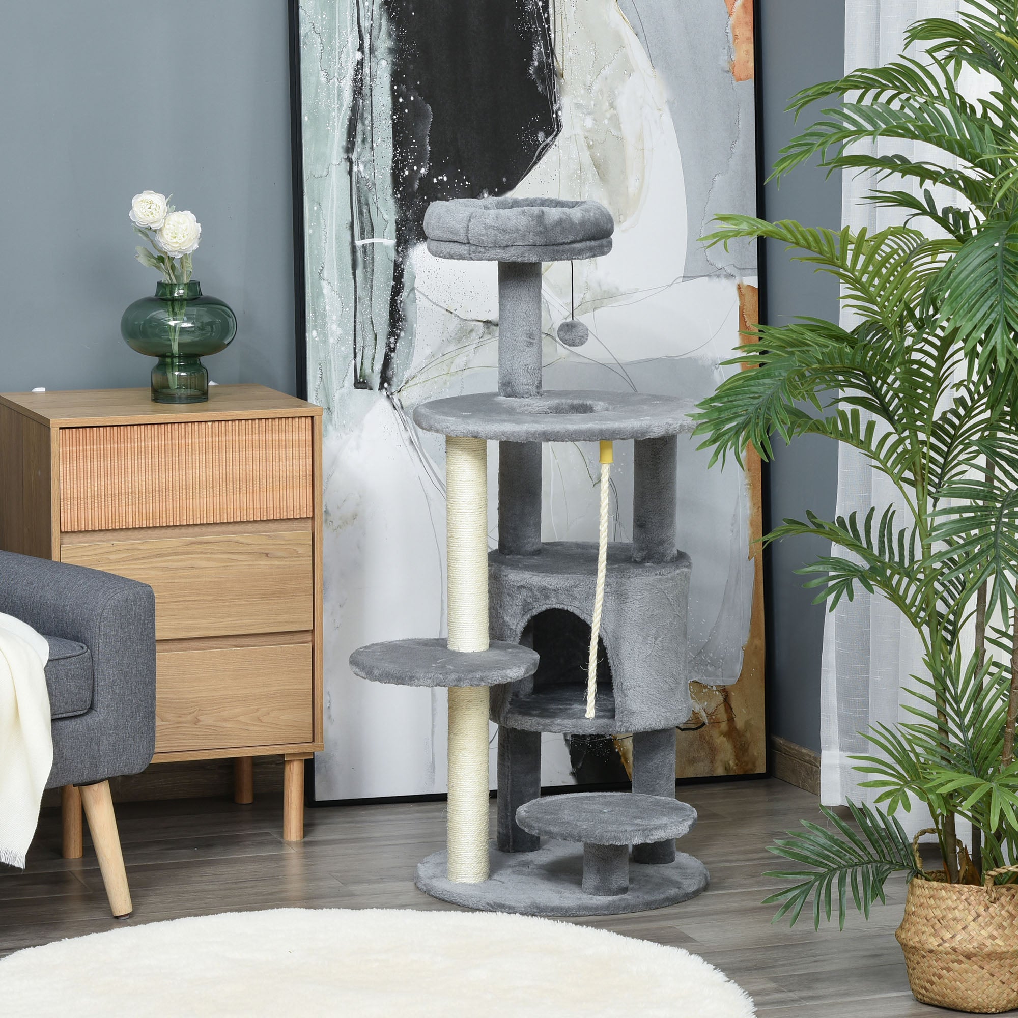41" Cat Tree Tower Activity Center with Condo, Scratching Posts and Hanging Toys, Dark Grey