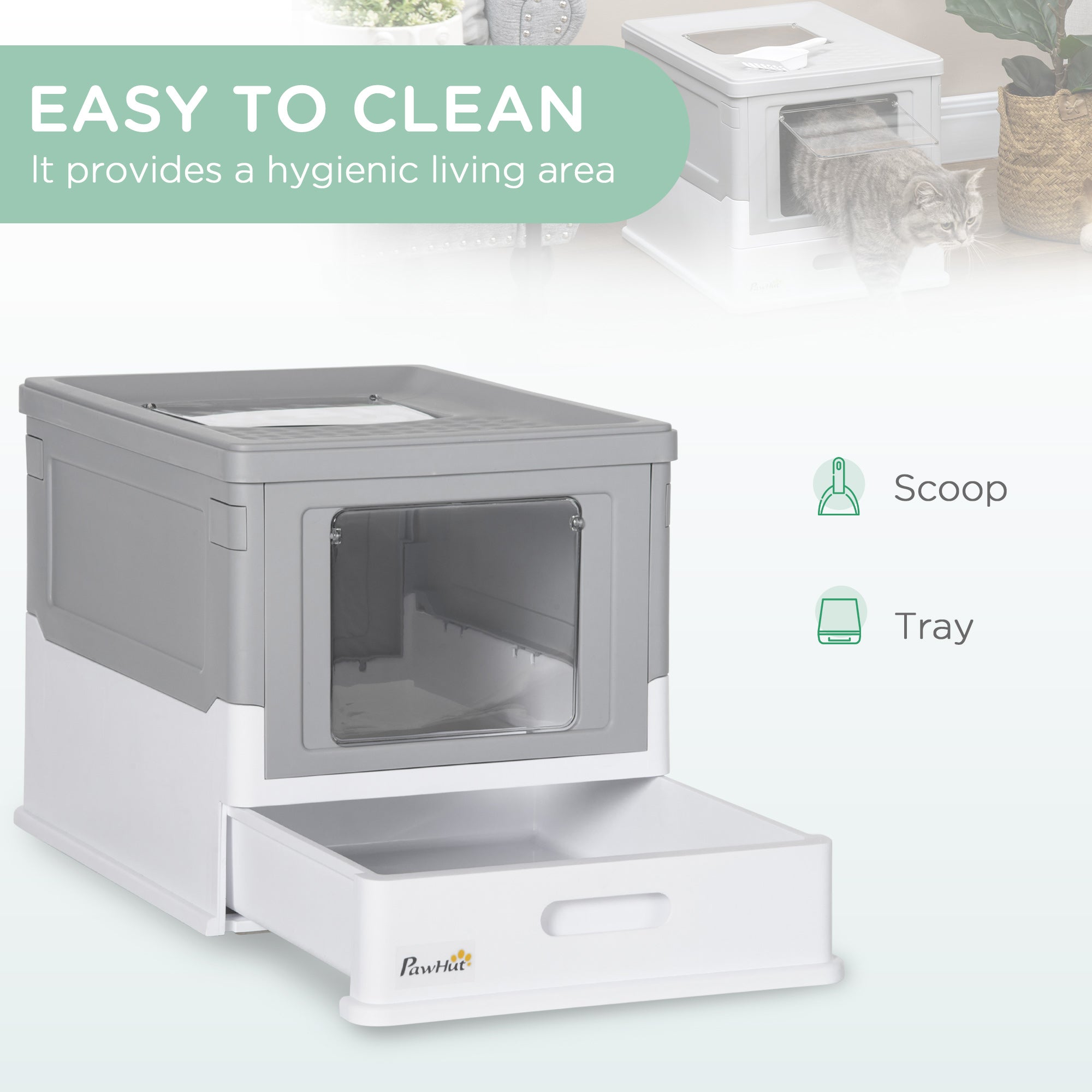 Top Entry Enclosed Kitty Litter Box with Scoop, Tray, Front Entry, Large Space, Foldable, Portable, Grey