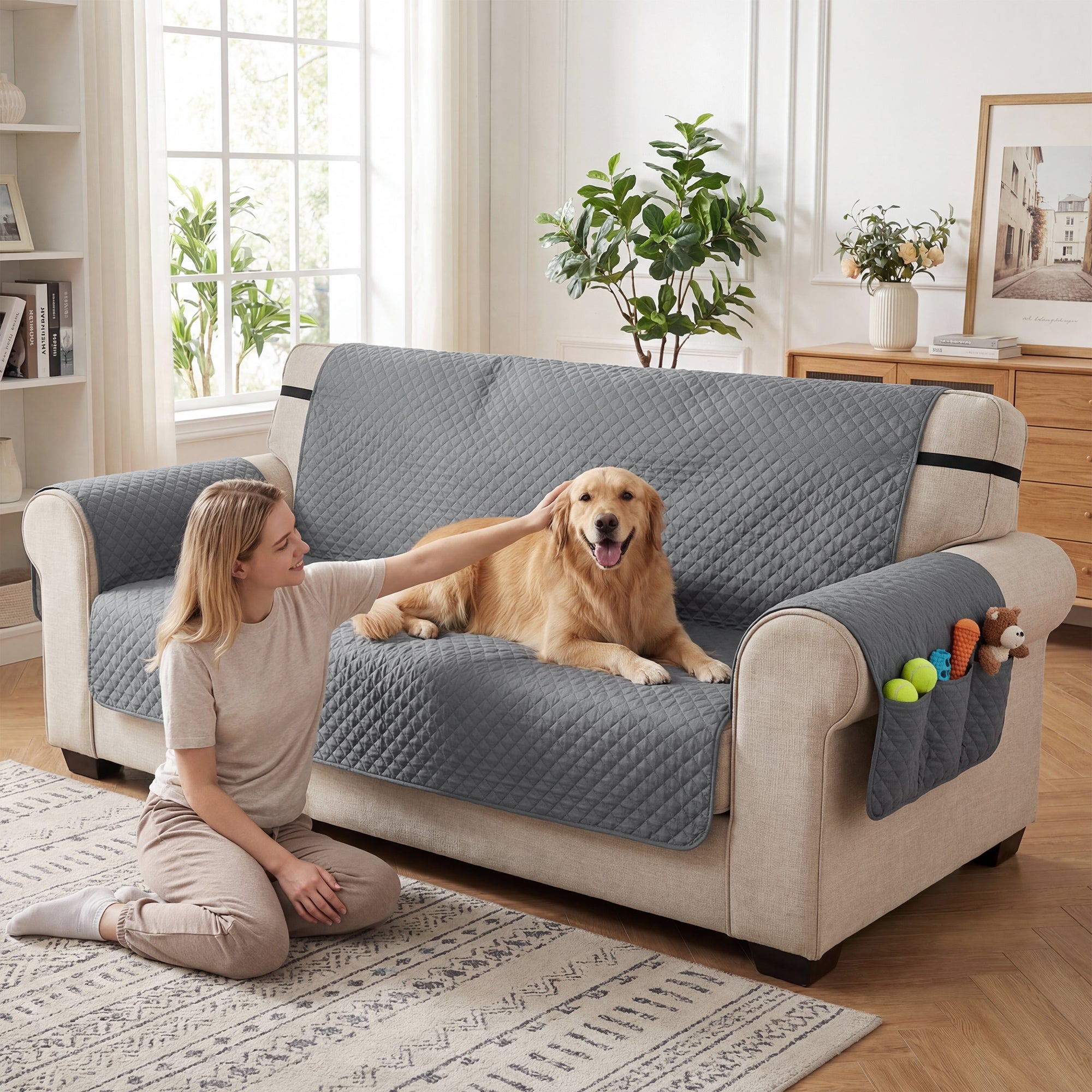 Waterproof Sofa Cover 3 Seater, Soft Couch Cover for Dogs Cats Pets, Non Slip Sofa Slipcoevr with Elastic Straps