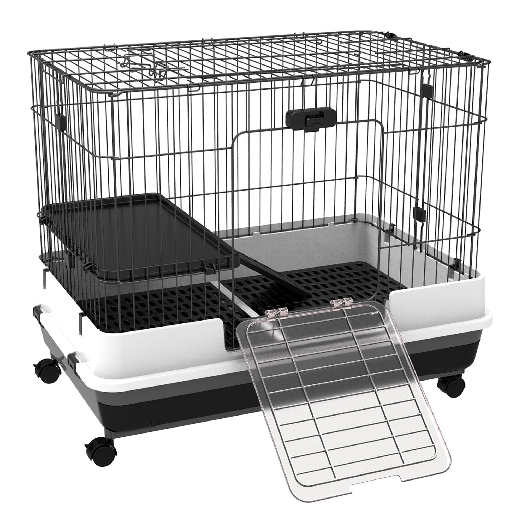 28"H Guinea Pig Cage, 2-Level Rabbit Cage for Ferret, Chinchilla, Hedghog, Bunny, Small Animal Habitat with Wheels, Slide-out Tray, Ramp, Black
