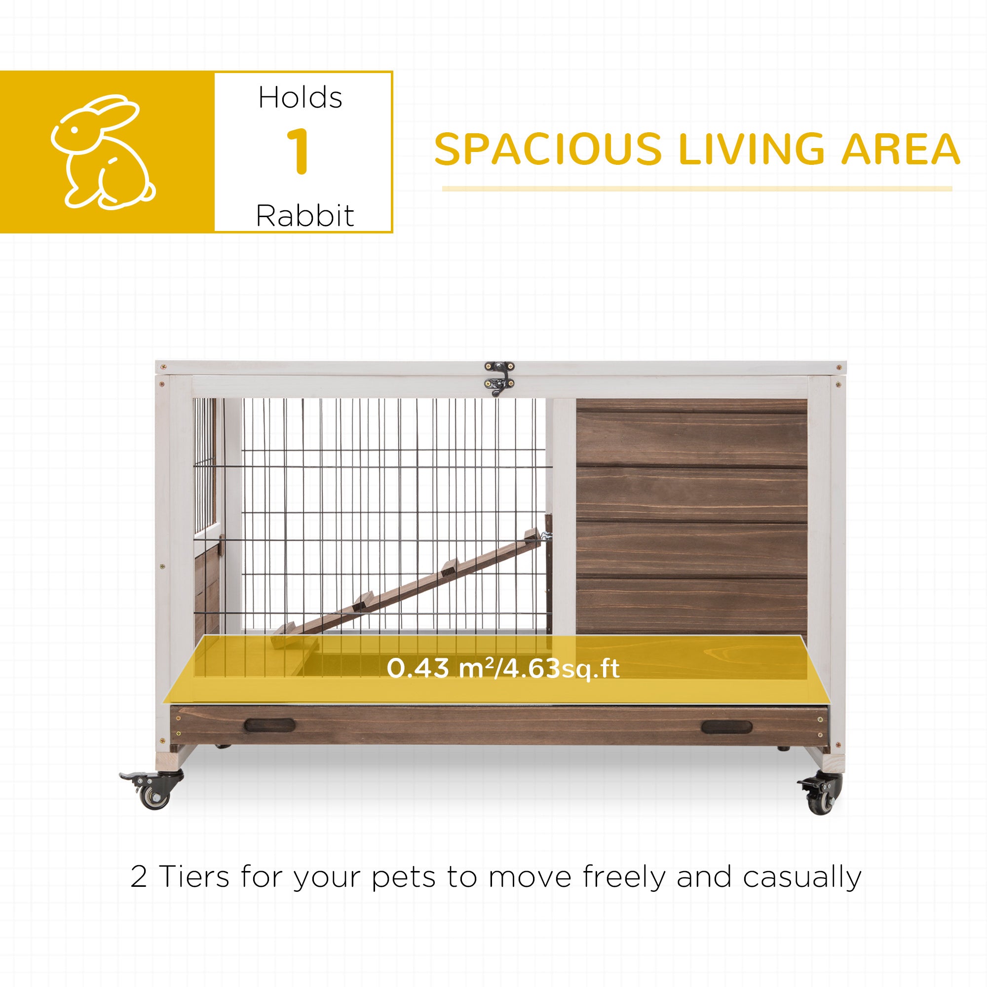 Wooden Indoor Rabbit Hutch Elevated Bunny Cage Habitat with Enclosed Run with Wheels, Ideal for Rabbits and Guinea Pigs, Brown