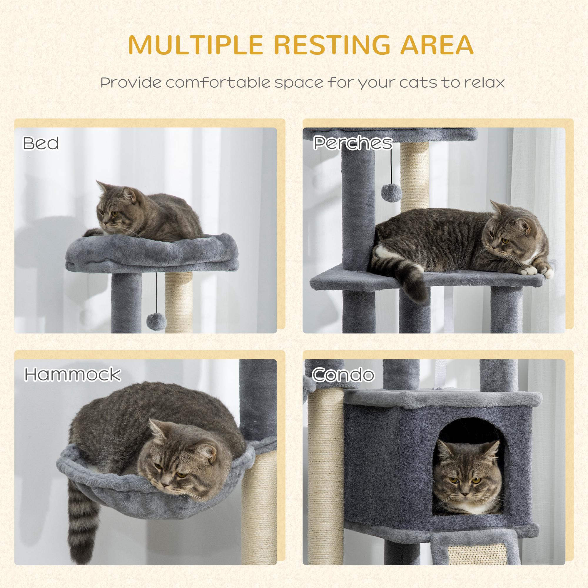 50 Inch Cat Tree, Multi-Level Cat Tower with Sisal Scratching Posts and Ramp, Bed, Condo, Hammock, Toy Ball, Grey