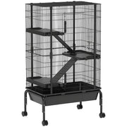 47"H Ferret Cage, Large 4-Tier Guinea Pig Cage with Wheels, Ramps, Bowl, Water Bottle & Removable Tray, Black