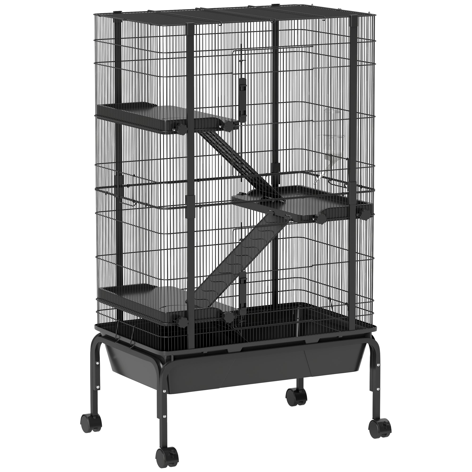 47"H Ferret Cage, Large 4-Tier Guinea Pig Cage with Wheels, Ramps, Bowl, Water Bottle & Removable Tray, Black