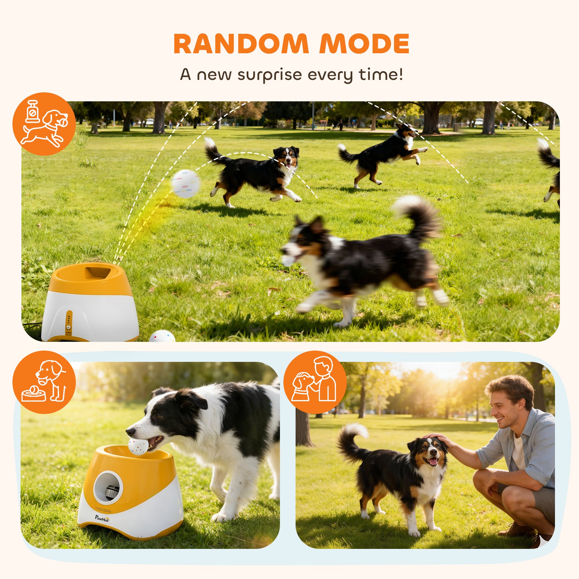 Automatic Dog Ball Launcher with 5 ETPU Balls 2.3", 3 Distance Settings 20ft, 33ft, 46ft, Orange